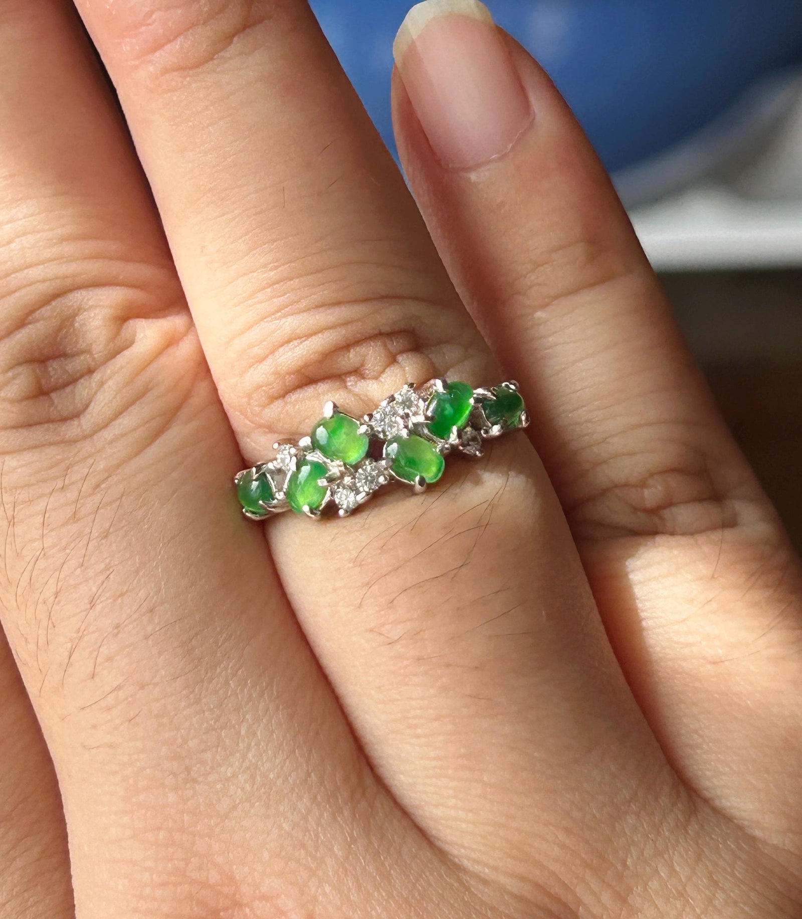 Certified Natural Jadeite Multi Cabochon Adjustable Band Ring | Burmese Type A Highly Translucent Icy Vivid Apple Green Jade Sterling Silver