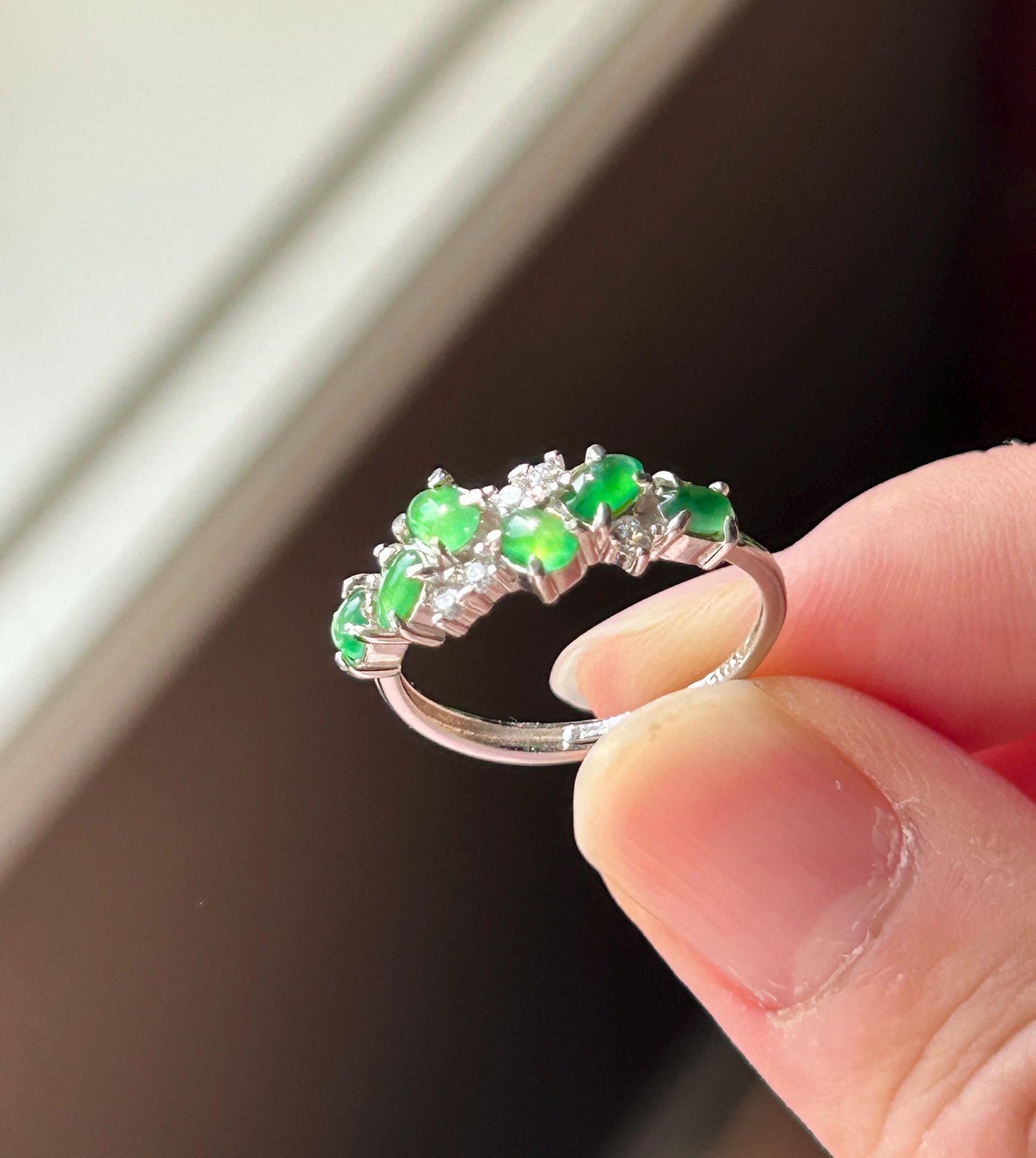Certified Natural Jadeite Multi Cabochon Adjustable Band Ring | Burmese Type A Highly Translucent Icy Vivid Apple Green Jade Sterling Silver
