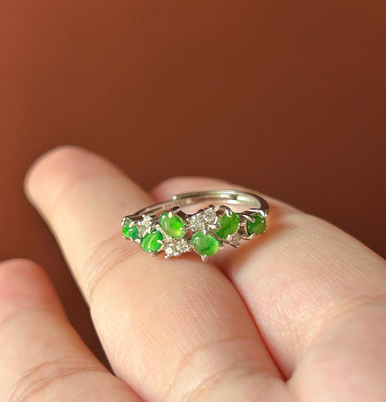 Certified Natural Jadeite Multi Cabochon Adjustable Band Ring | Burmese Type A Highly Translucent Icy Vivid Apple Green Jade Sterling Silver