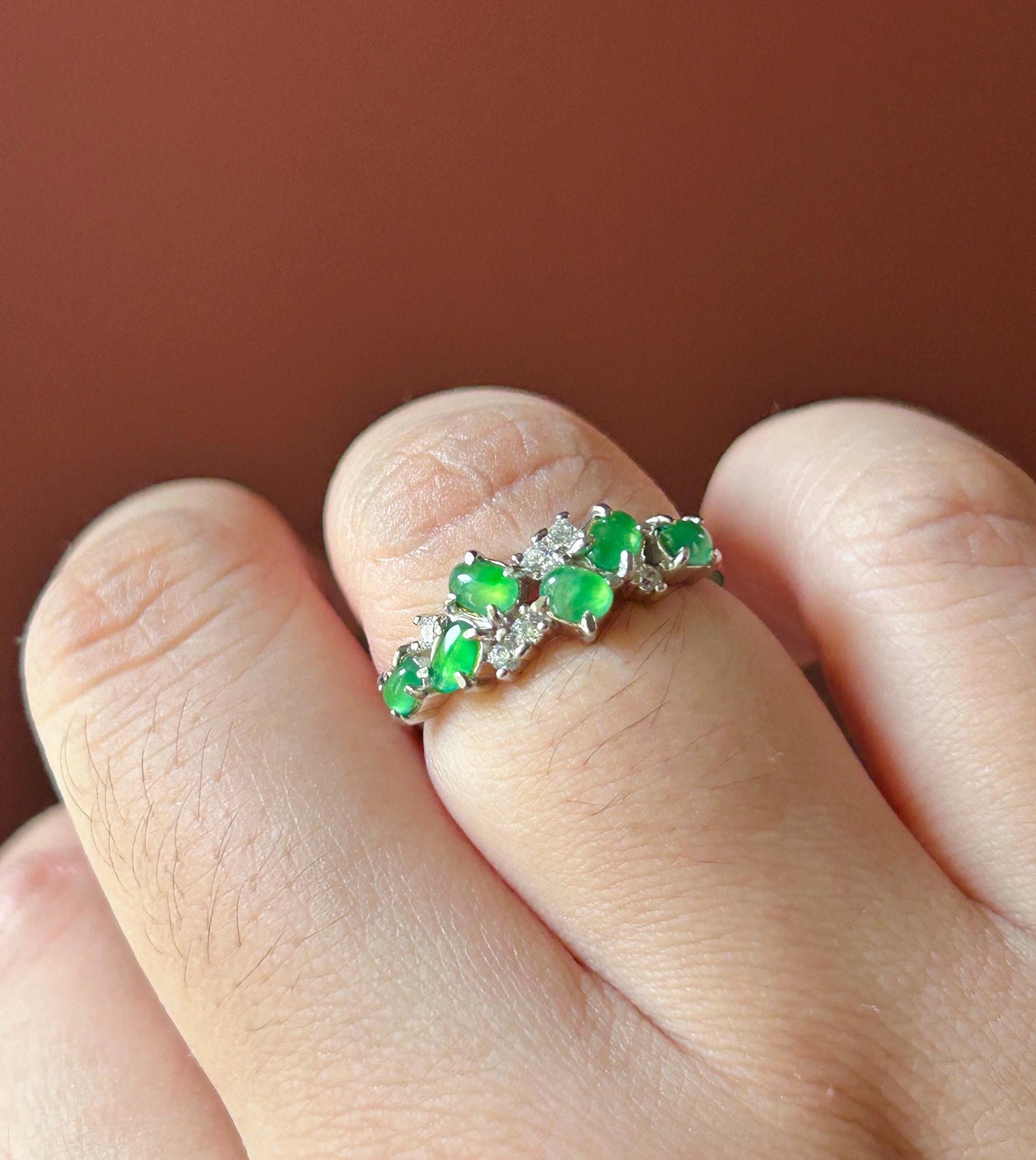 Certified Natural Jadeite Multi Cabochon Adjustable Band Ring | Burmese Type A Highly Translucent Icy Vivid Apple Green Jade Sterling Silver