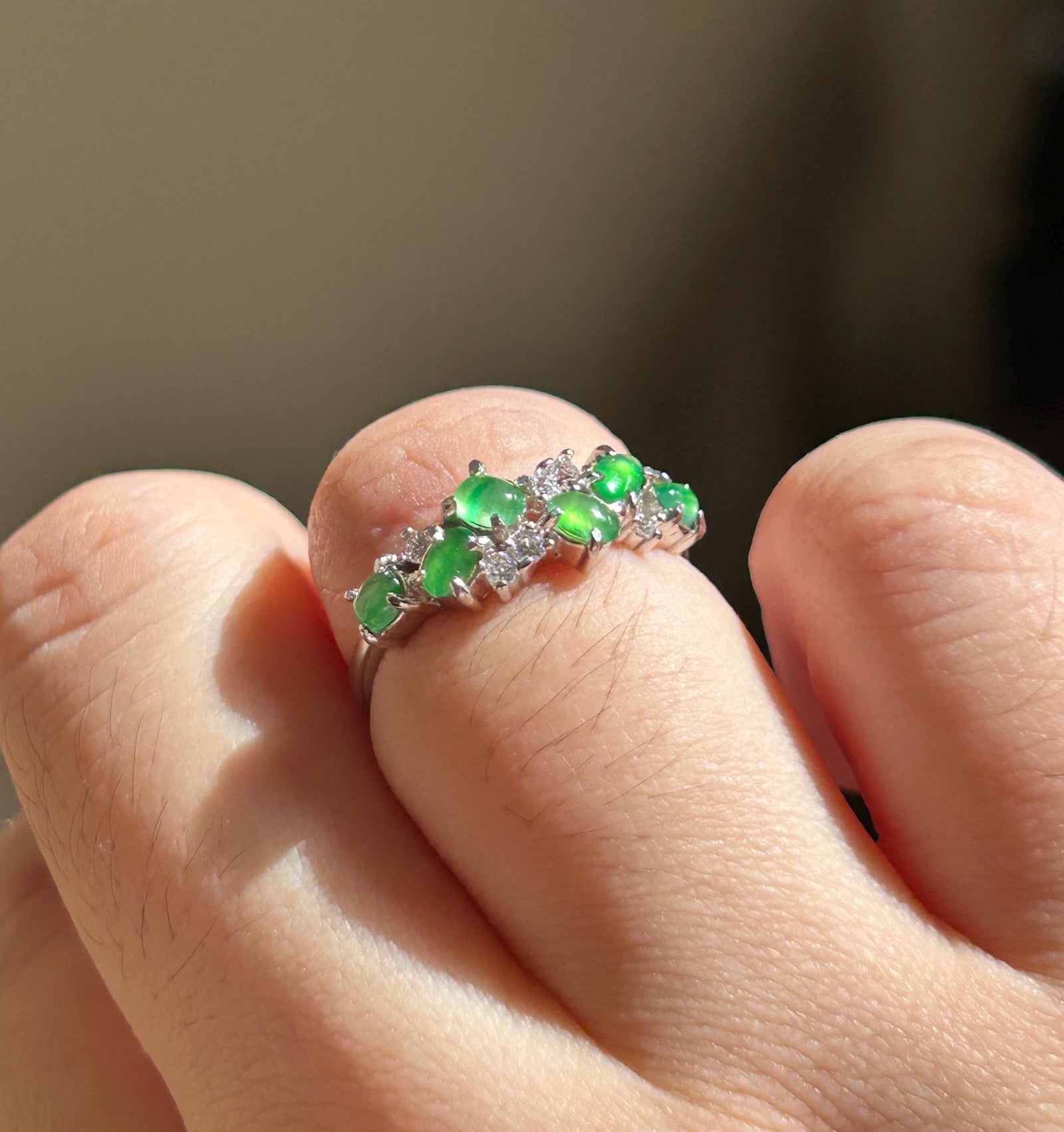Certified Natural Jadeite Multi Cabochon Adjustable Band Ring | Burmese Type A Highly Translucent Icy Vivid Apple Green Jade Sterling Silver