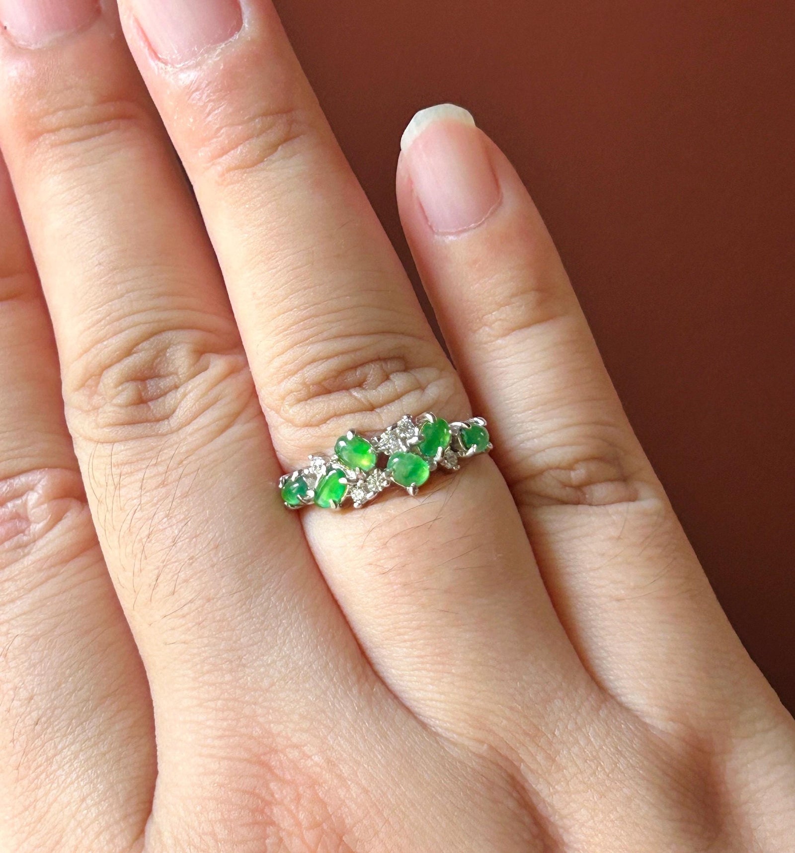 Certified Natural Jadeite Multi Cabochon Adjustable Band Ring | Burmese Type A Highly Translucent Icy Vivid Apple Green Jade Sterling Silver