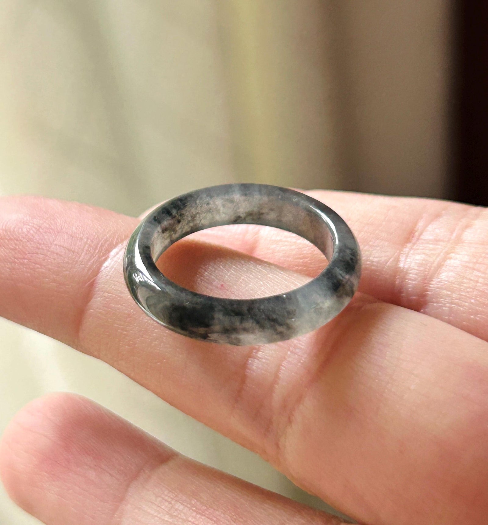 Natural Jadeite Band Ring | Burmese Type A Highly Translucent Icy Wuji Black Floral Jade | US 7.25 |17.5mm