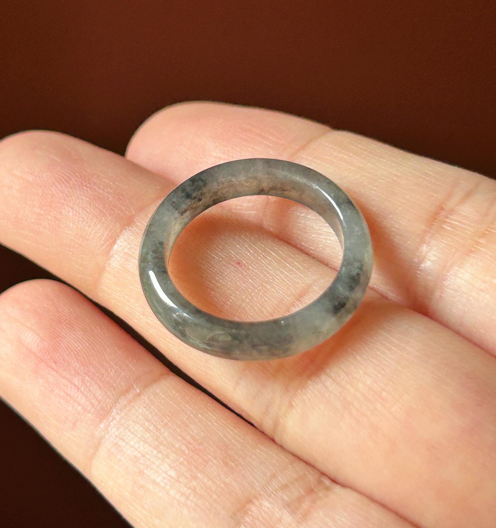 Natural Jadeite Band Ring | Burmese Type A Highly Translucent Icy Wuji Black Floral Jade | US 7.25 |17.5mm