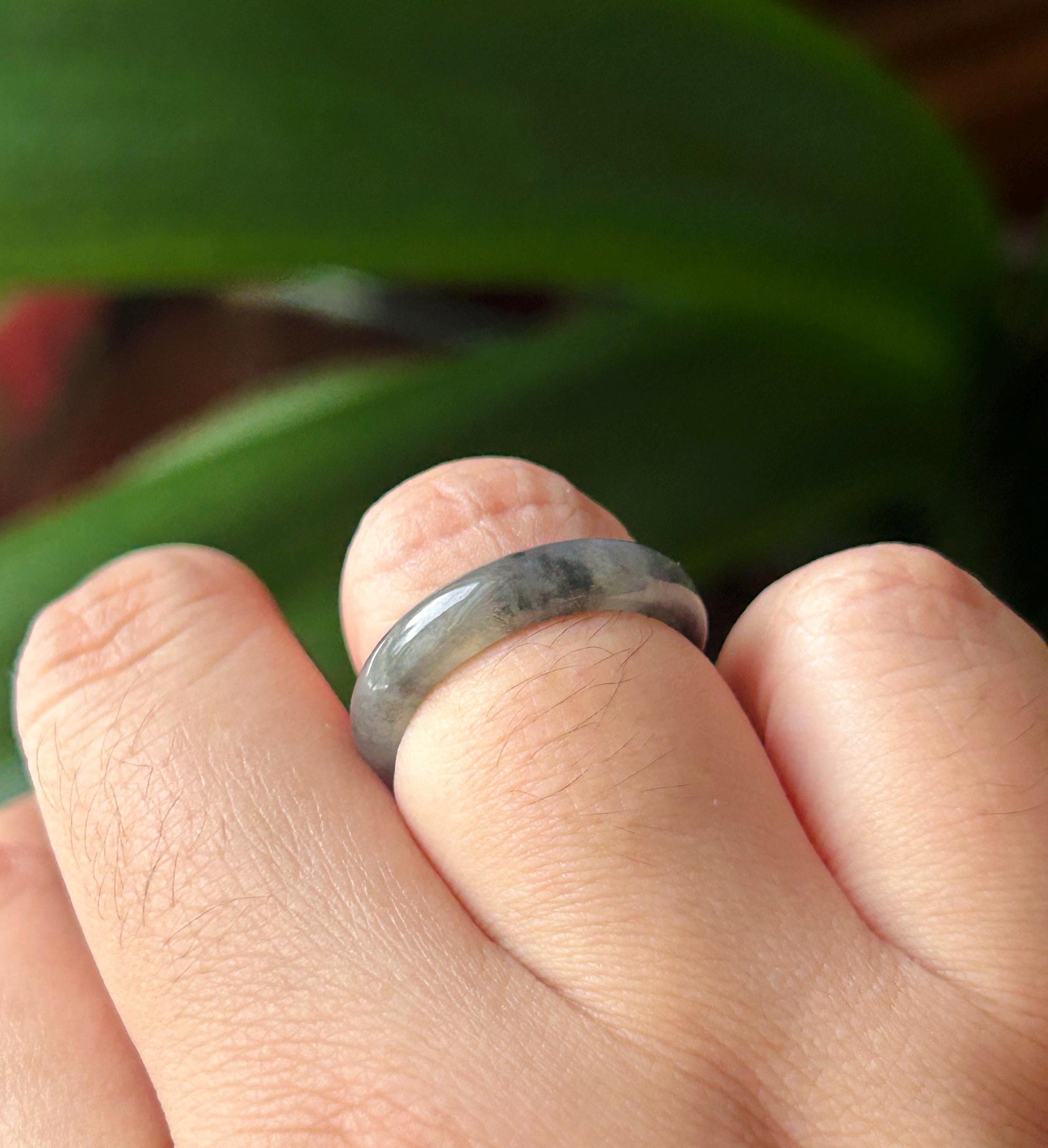 Natural Jadeite Band Ring | Burmese Type A Highly Translucent Icy Wuji Black Floral Jade | US 7.25 |17.5mm