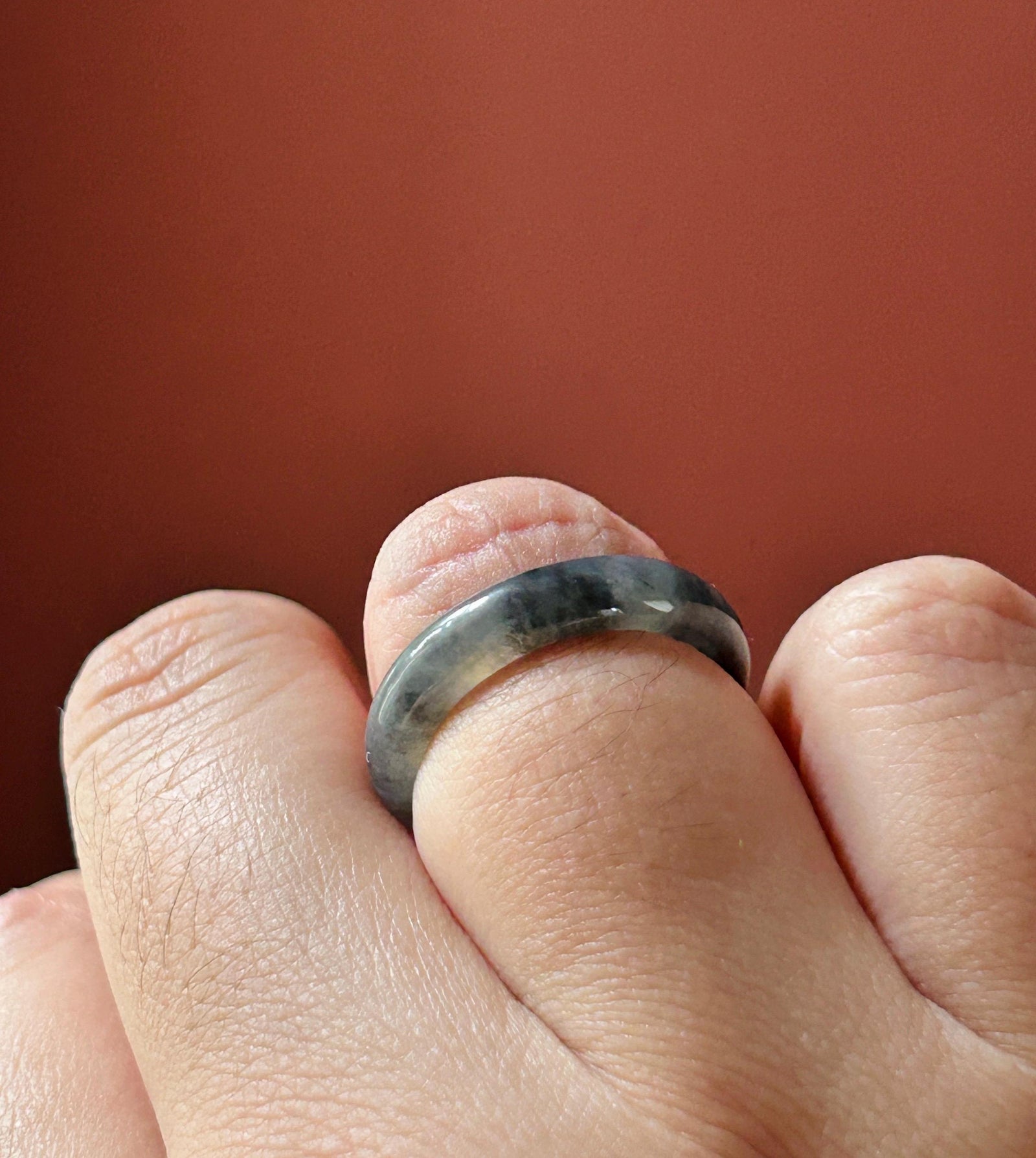 Natural Jadeite Band Ring | Burmese Type A Highly Translucent Icy Wuji Black Floral Jade | US 7.25 |17.5mm