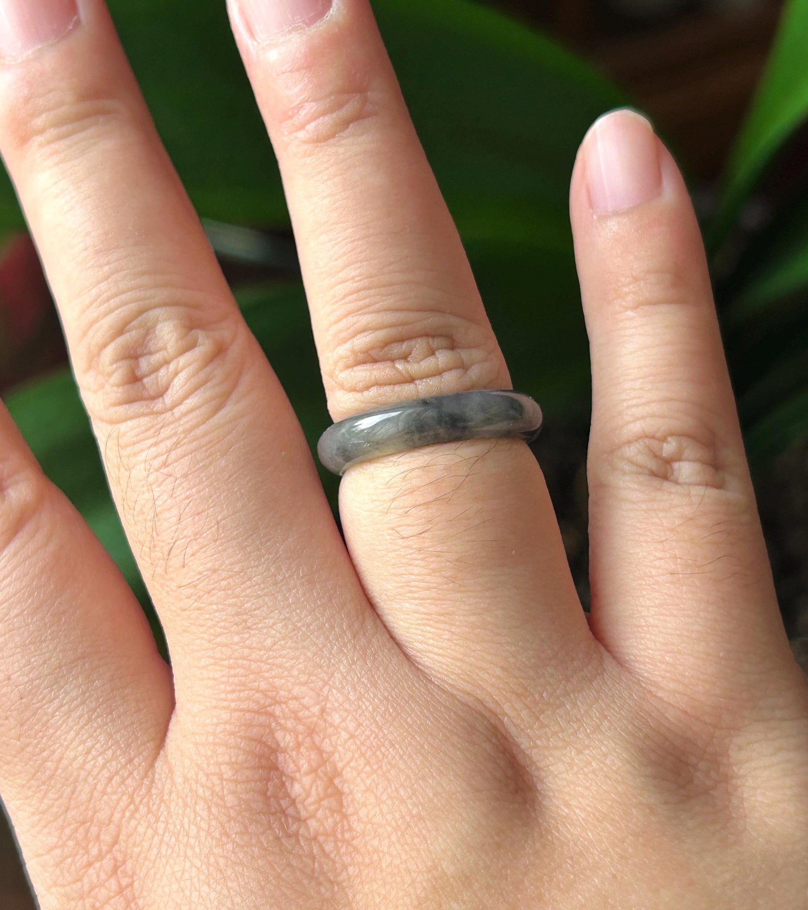Natural Jadeite Band Ring | Burmese Type A Highly Translucent Icy Wuji Black Floral Jade | US 7.25 |17.5mm