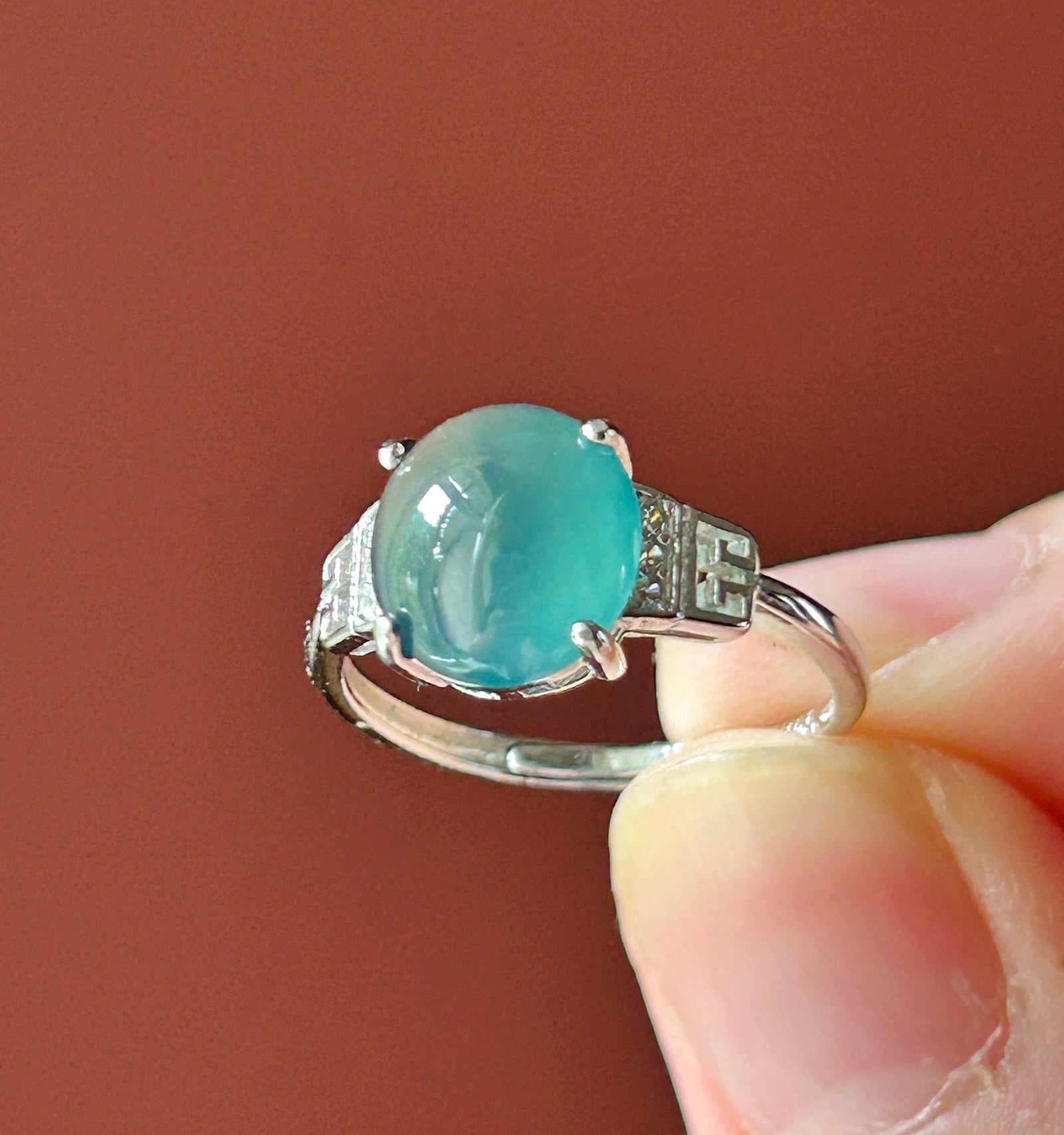 Natural Jadeite Adjustable Ring Guatemalan Type A Highly Translucent Icy Deep Teal Blue Oval Cabochon Jade | Sterling Silver