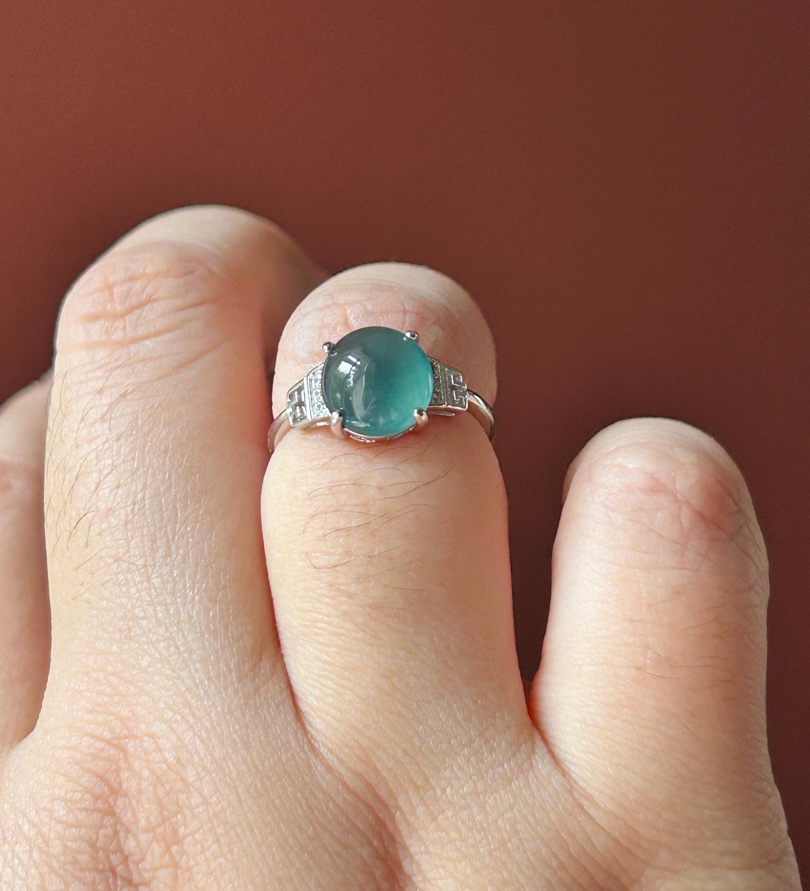 Natural Jadeite Adjustable Ring Guatemalan Type A Highly Translucent Icy Deep Teal Blue Oval Cabochon Jade | Sterling Silver