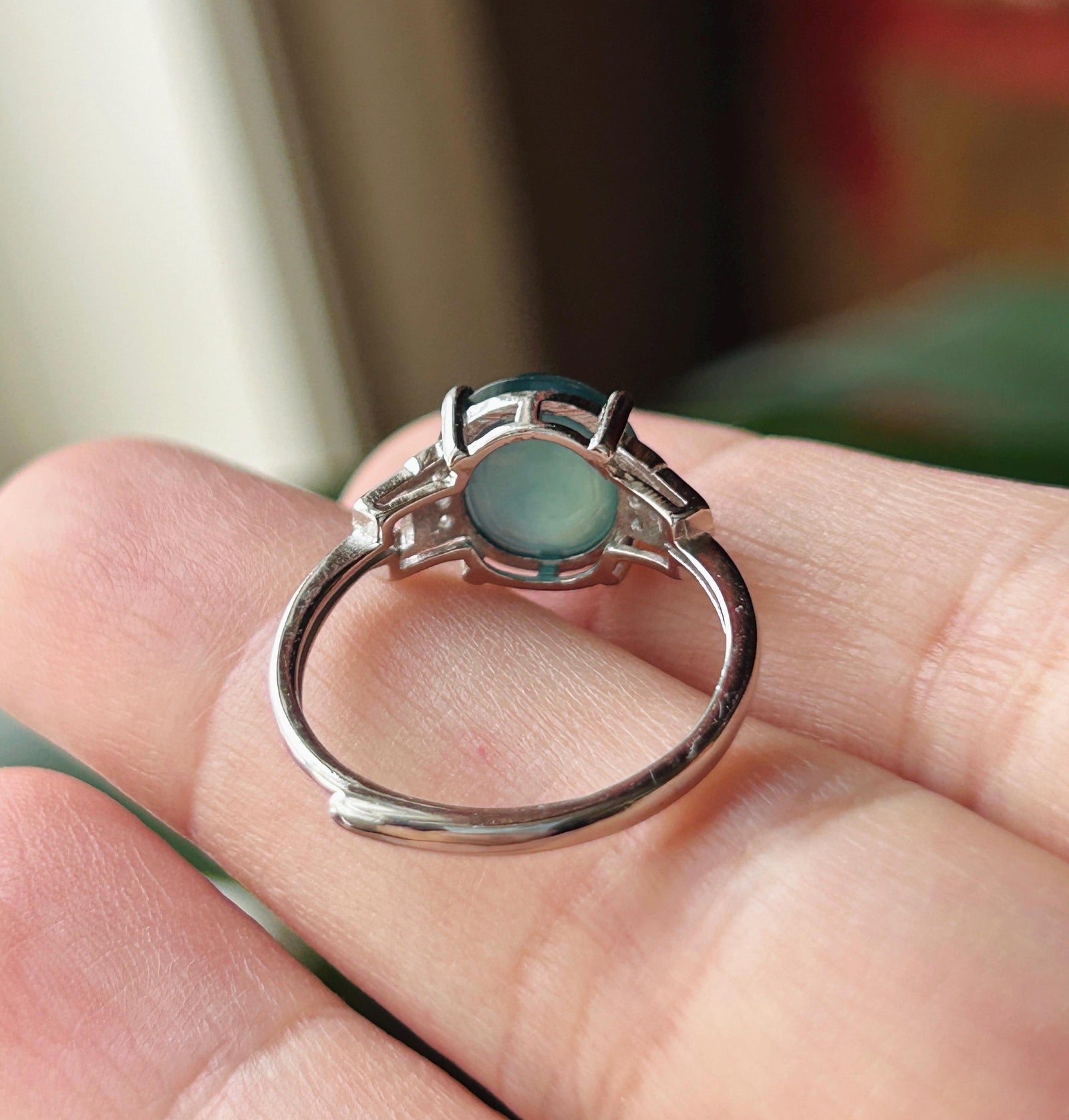 Natural Jadeite Adjustable Ring Guatemalan Type A Highly Translucent Icy Deep Teal Blue Oval Cabochon Jade | Sterling Silver