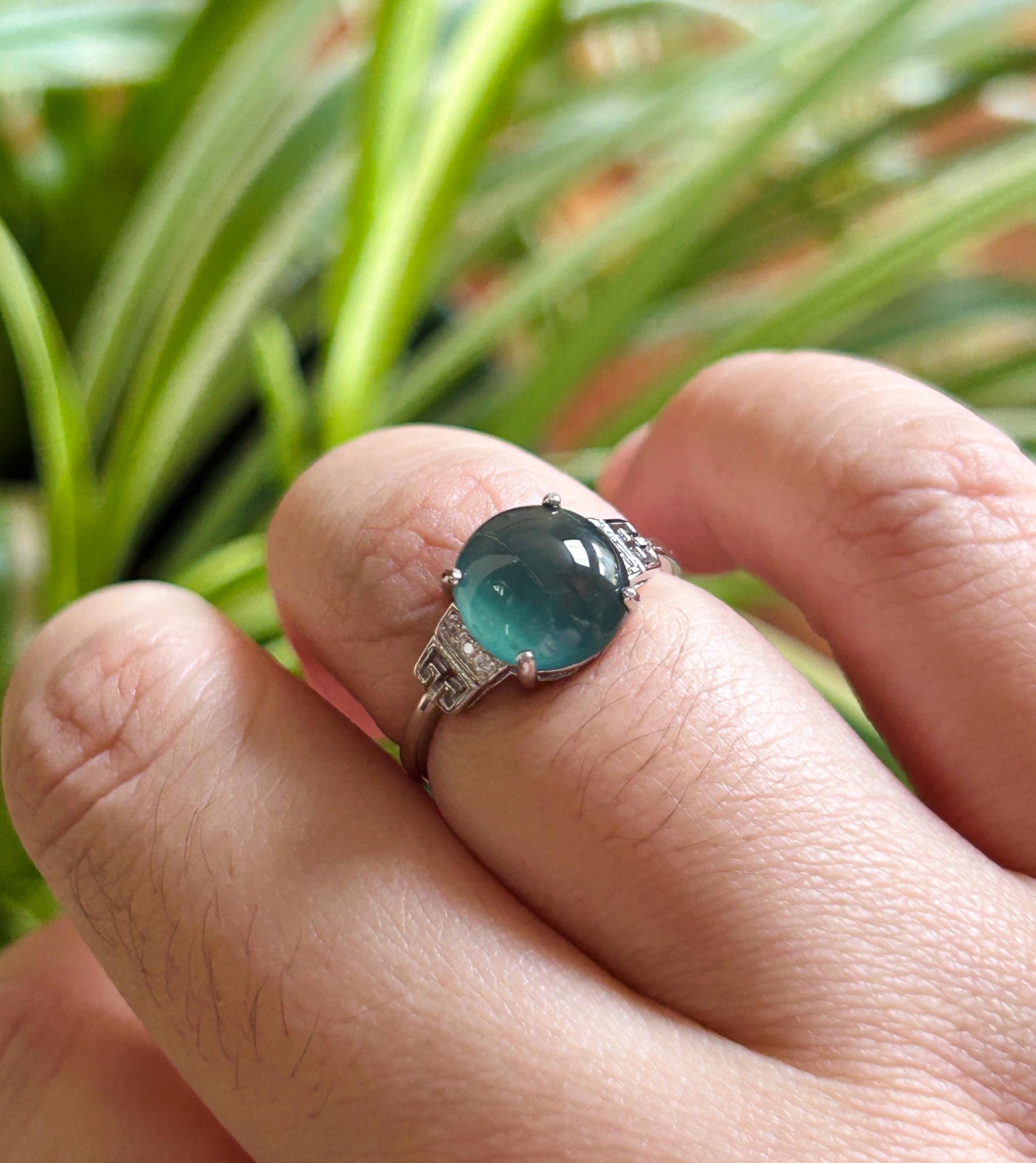 Natural Jadeite Adjustable Ring Guatemalan Type A Highly Translucent Icy Deep Teal Blue Oval Cabochon Jade | Sterling Silver