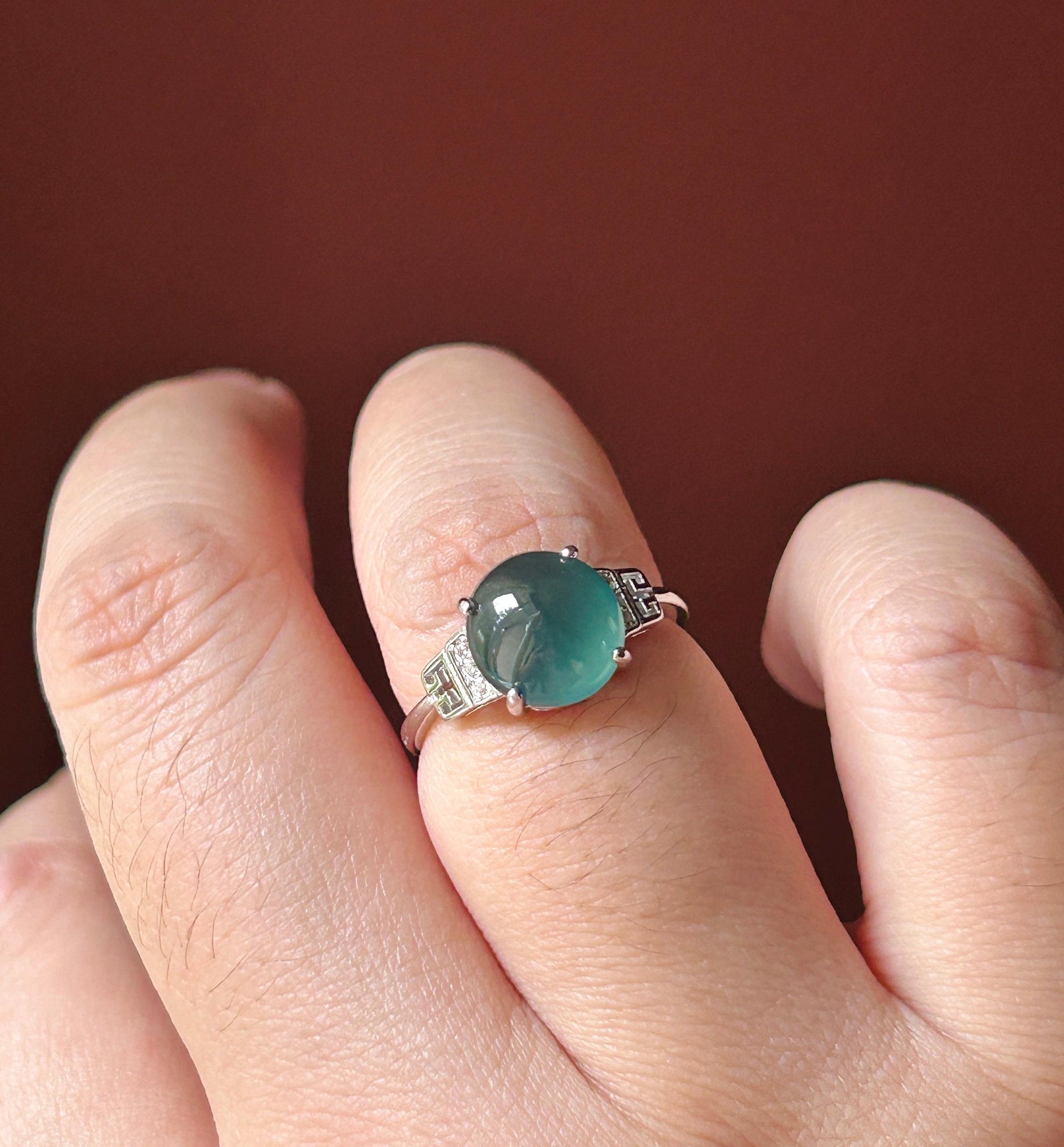 Natural Jadeite Adjustable Ring Guatemalan Type A Highly Translucent Icy Deep Teal Blue Oval Cabochon Jade | Sterling Silver