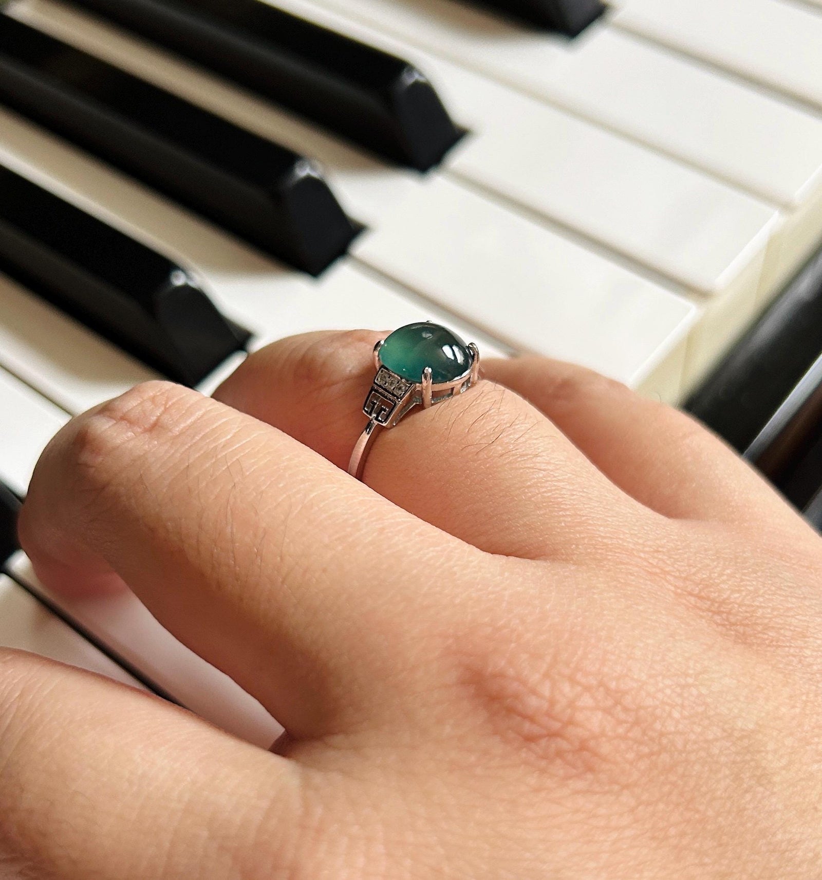 Natural Jadeite Adjustable Ring Guatemalan Type A Highly Translucent Icy Deep Teal Blue Oval Cabochon Jade | Sterling Silver