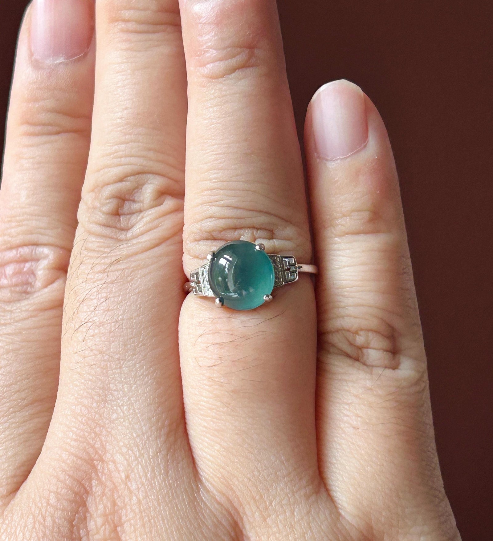Natural Jadeite Adjustable Ring Guatemalan Type A Highly Translucent Icy Deep Teal Blue Oval Cabochon Jade | Sterling Silver