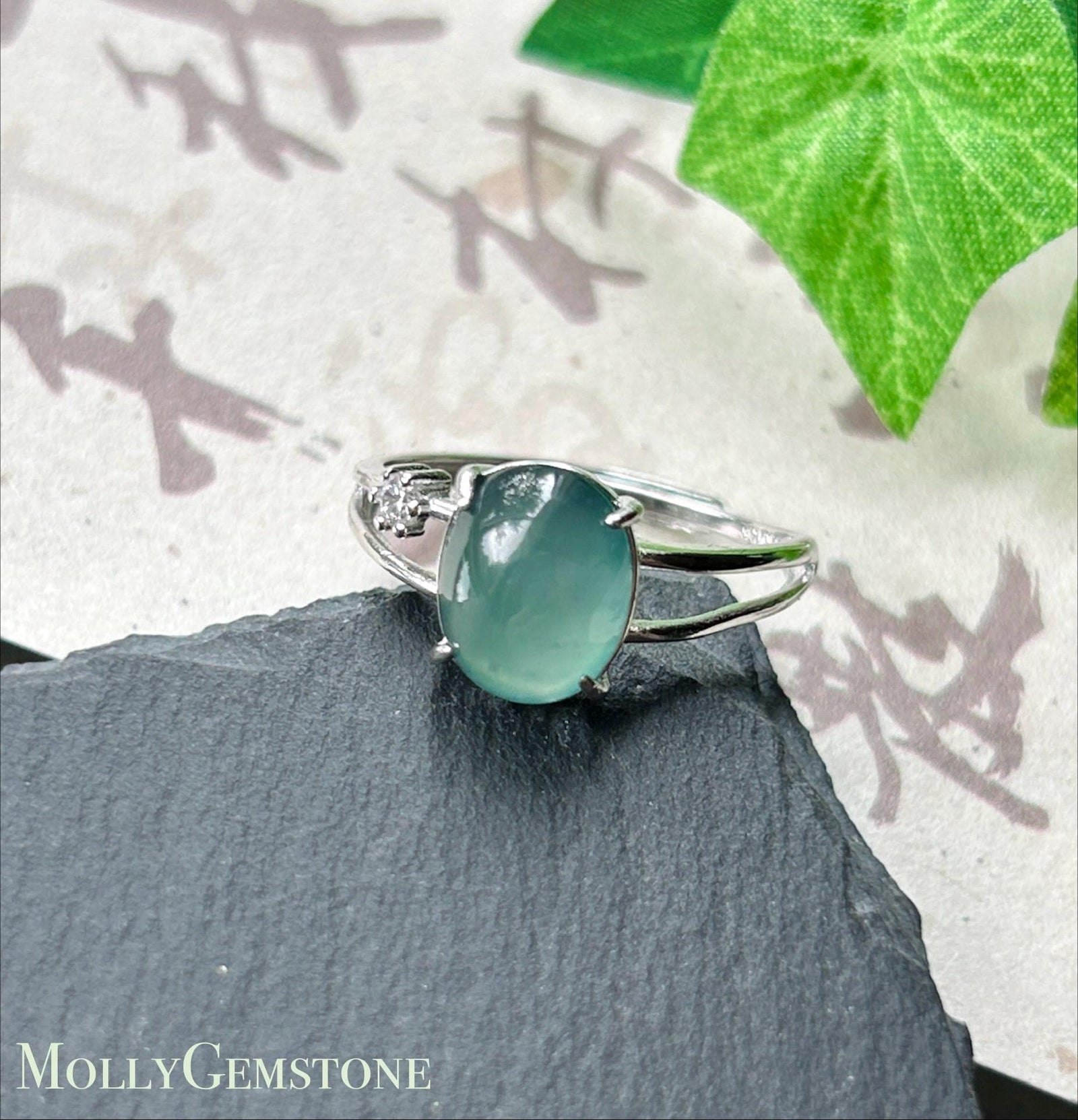 Natural Jadeite Adjustable Ring Guatemalan Type A Highly Translucent Icy Teal Blue Oval Cabochon Jade | Sterling Silver