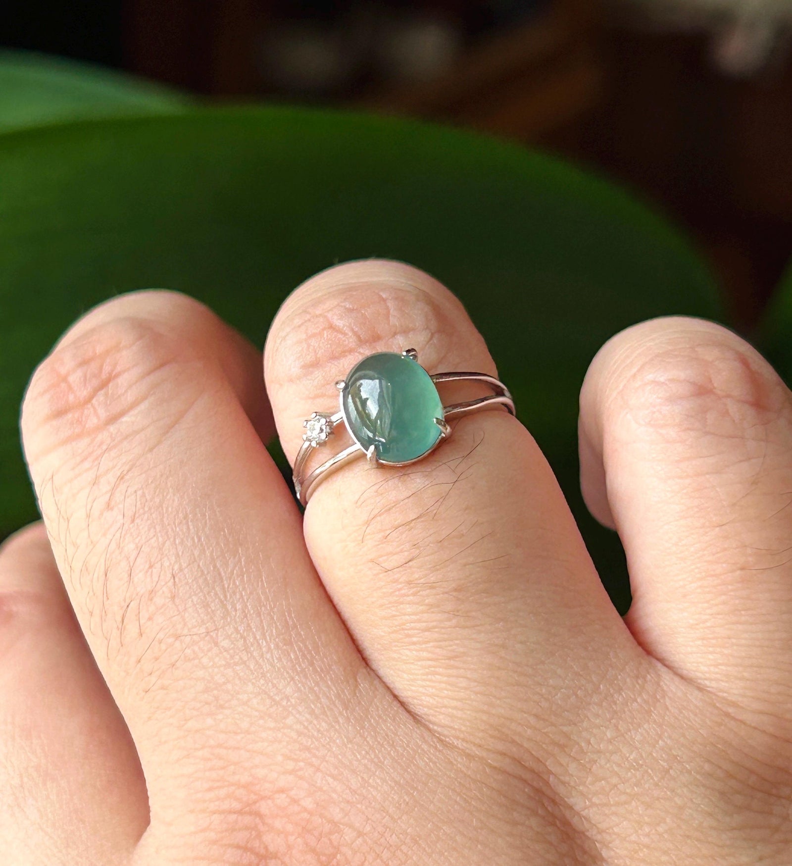 Natural Jadeite Adjustable Ring Guatemalan Type A Highly Translucent Icy Teal Blue Oval Cabochon Jade | Sterling Silver