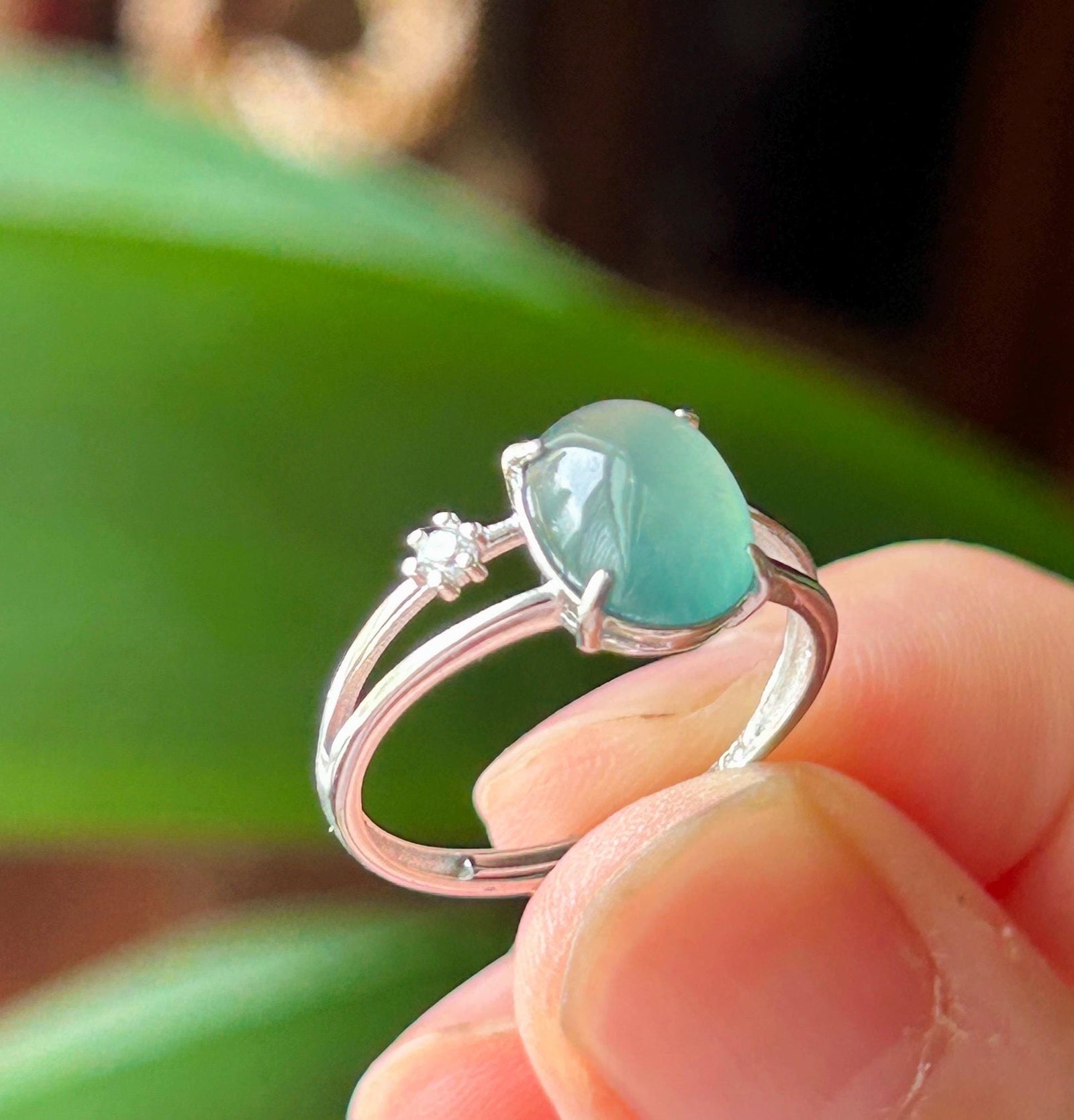 Natural Jadeite Adjustable Ring Guatemalan Type A Highly Translucent Icy Teal Blue Oval Cabochon Jade | Sterling Silver