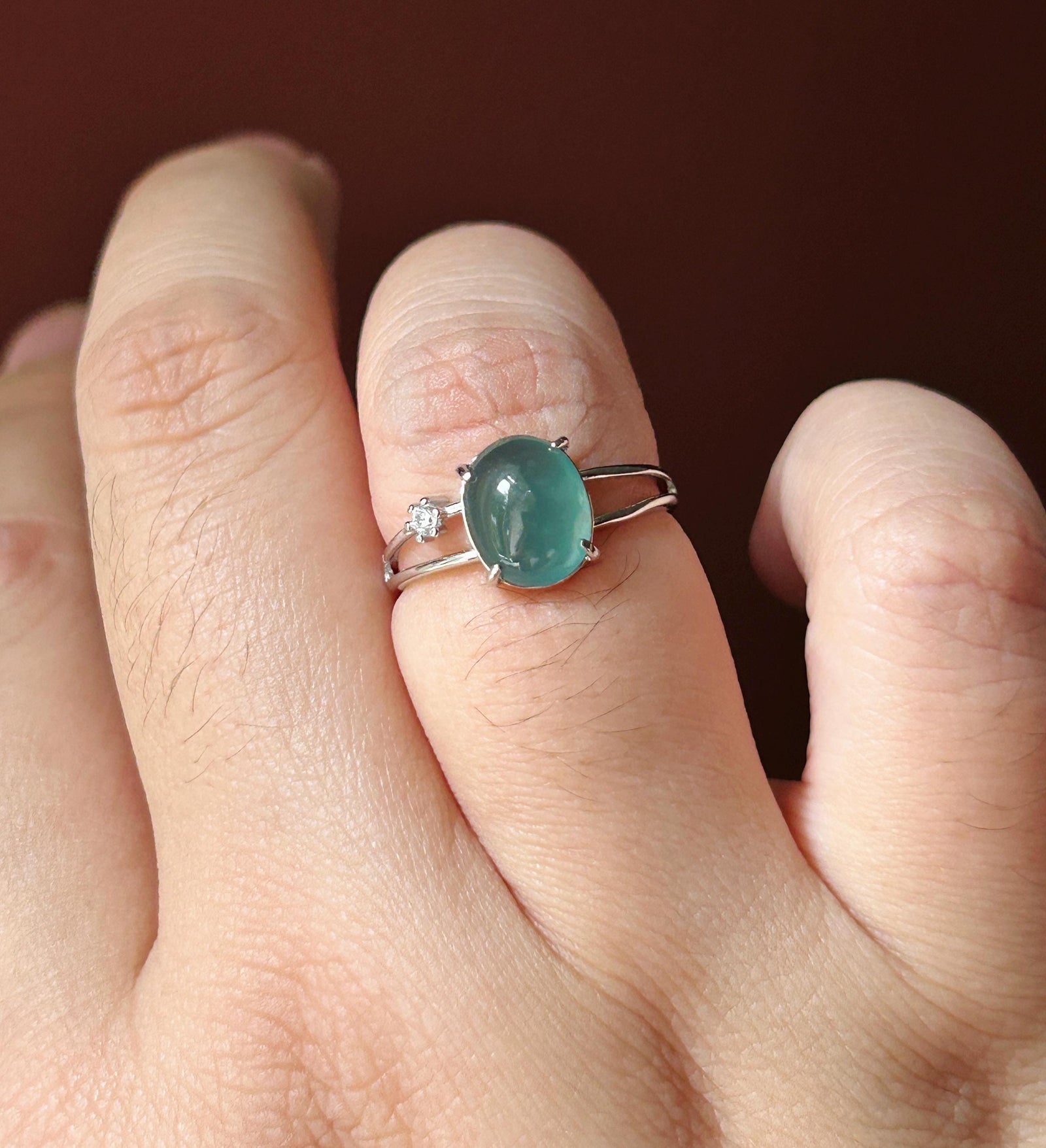 Natural Jadeite Adjustable Ring Guatemalan Type A Highly Translucent Icy Teal Blue Oval Cabochon Jade | Sterling Silver