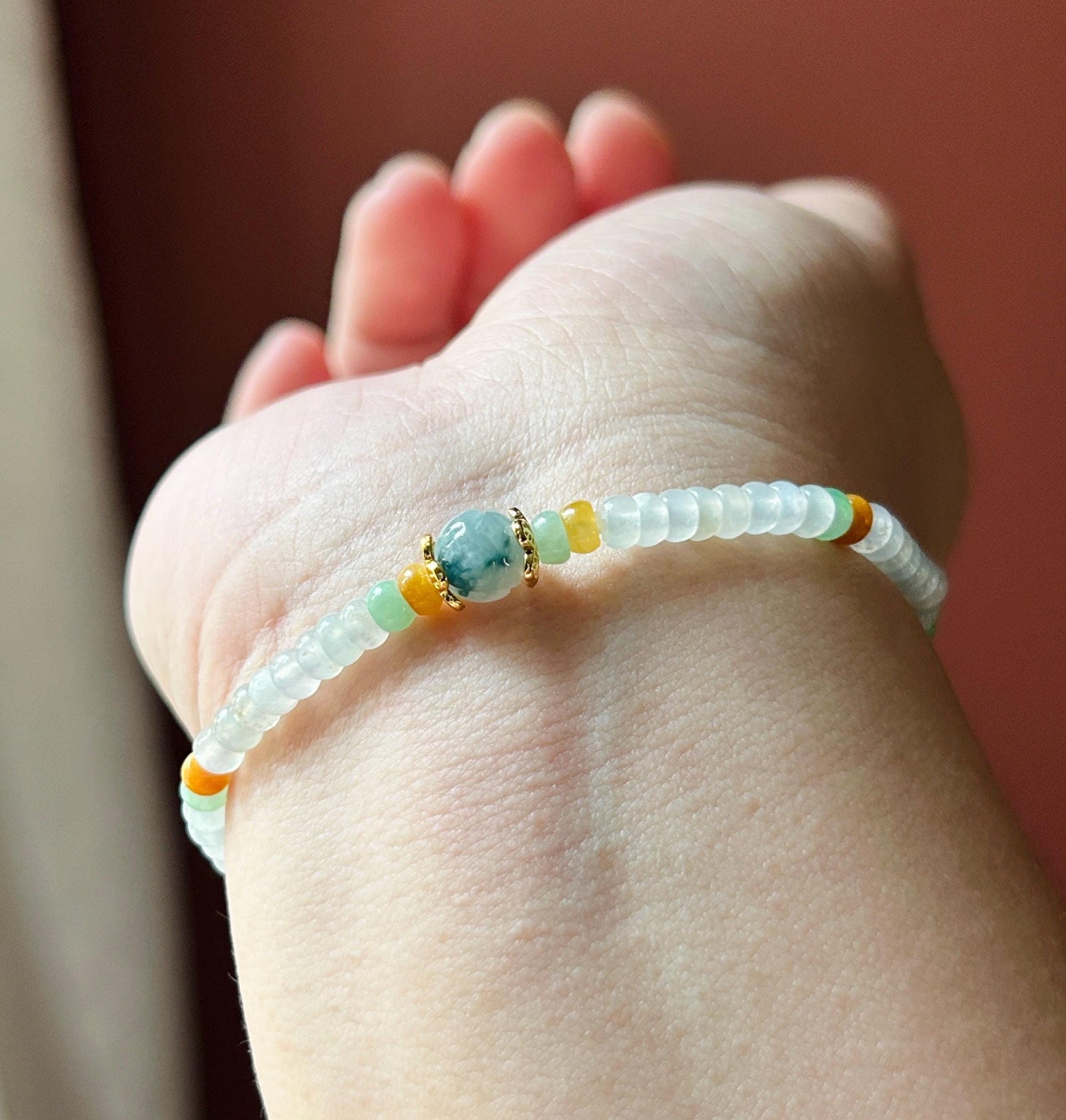 Natural Jadeite Beaded Bracelet Burmese Type A Highly Translucent Icy White, Green & Yellow Abacus Jade Beads 4mm