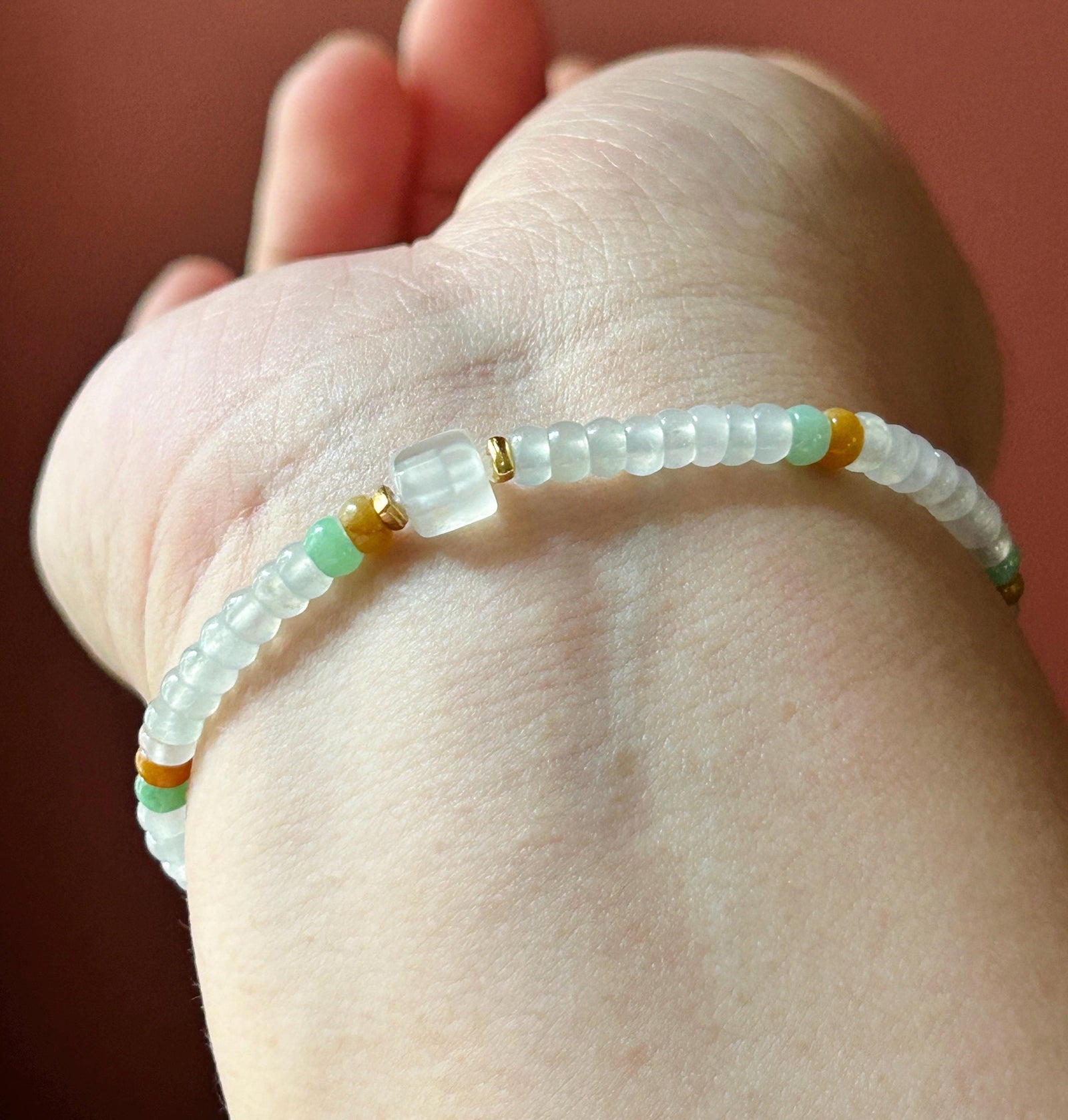 Natural Jadeite Beaded Bracelet Burmese Type A Highly Translucent Icy White, Green & Yellow Abacus Jade Beads 4mm