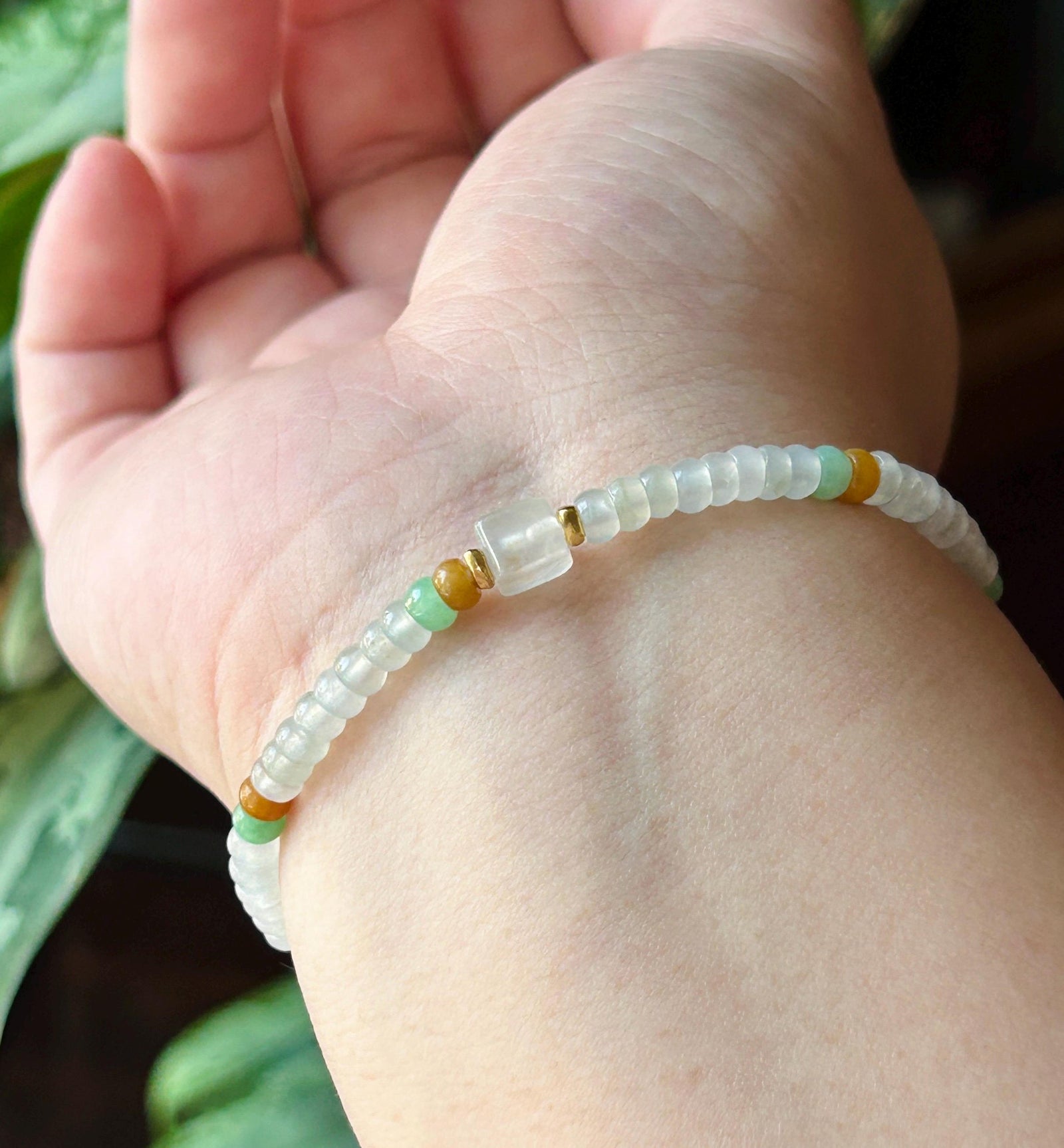 Natural Jadeite Beaded Bracelet Burmese Type A Highly Translucent Icy White, Green & Yellow Abacus Jade Beads 4mm