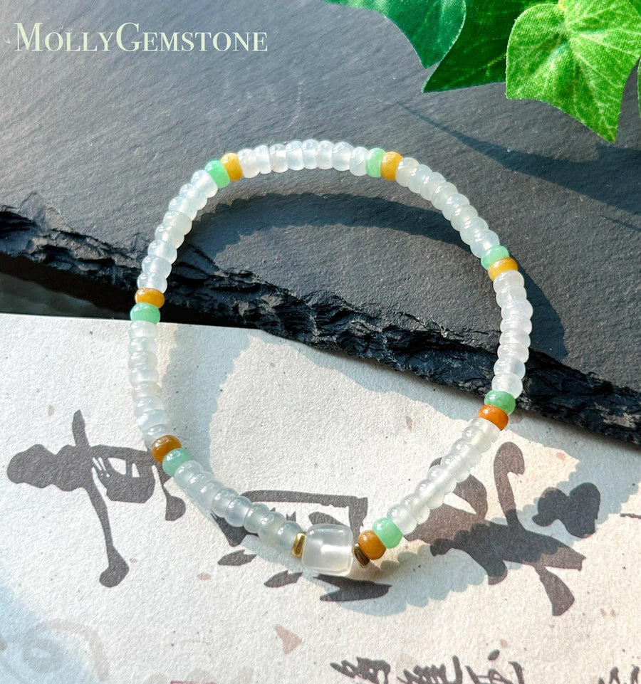 Natural Jadeite Beaded Bracelet Burmese Type A Highly Translucent Icy White, Green & Yellow Abacus Jade Beads 4mm