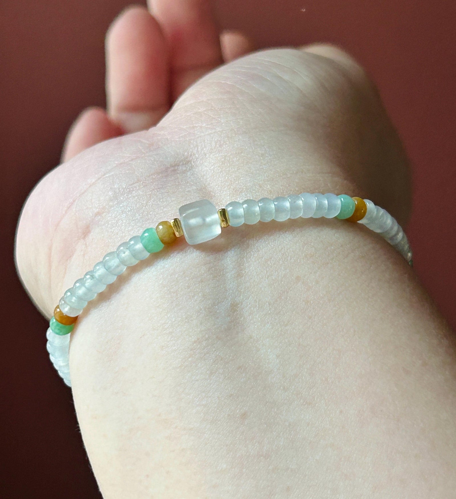 Natural Jadeite Beaded Bracelet Burmese Type A Highly Translucent Icy White, Green & Yellow Abacus Jade Beads 4mm