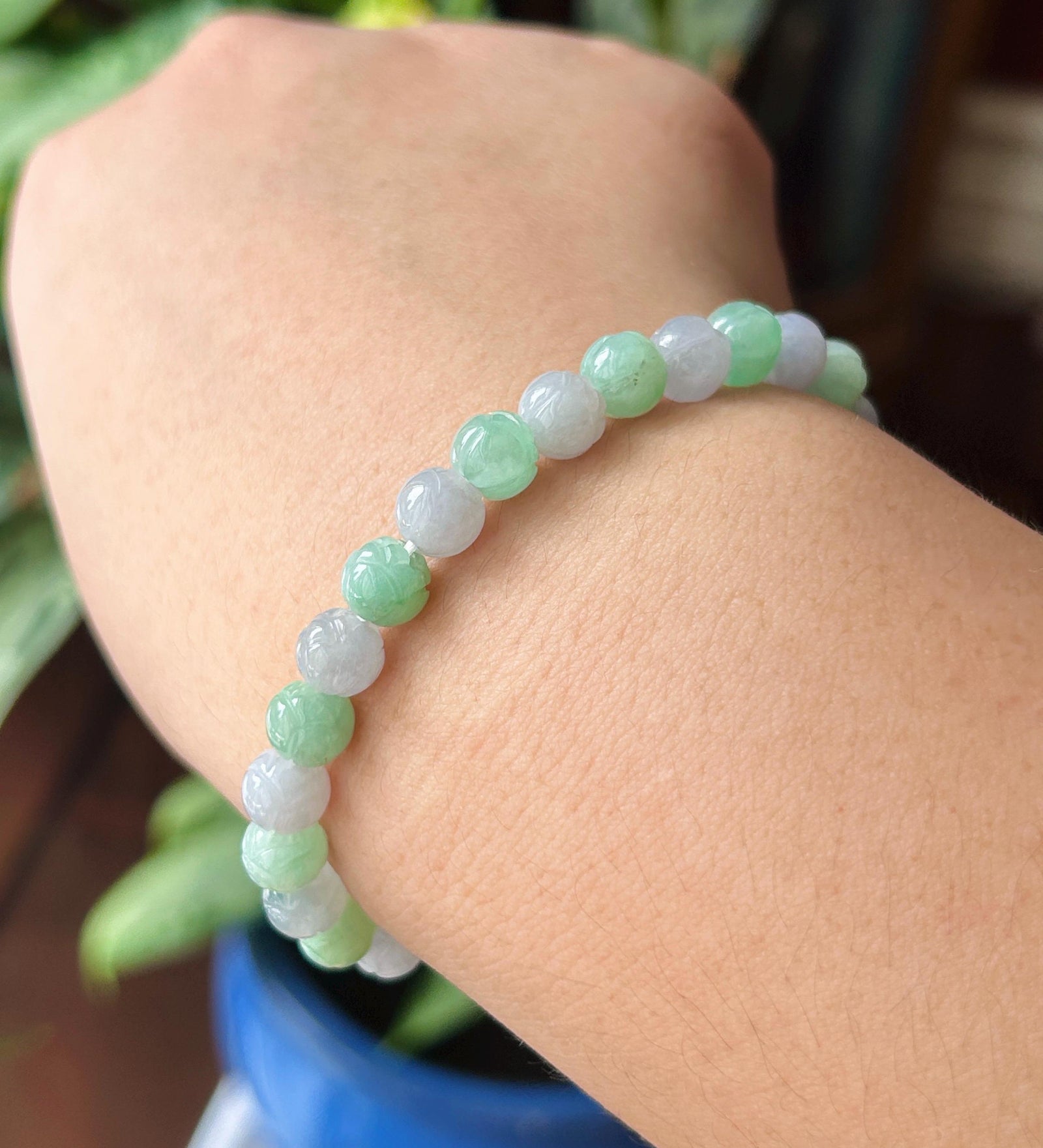 Natural Jadeite Beaded Bracelet Burmese Type A Translucent Icy Apple Green & Pale Lavender Jade Rounded Lotus Beads 6.8mm