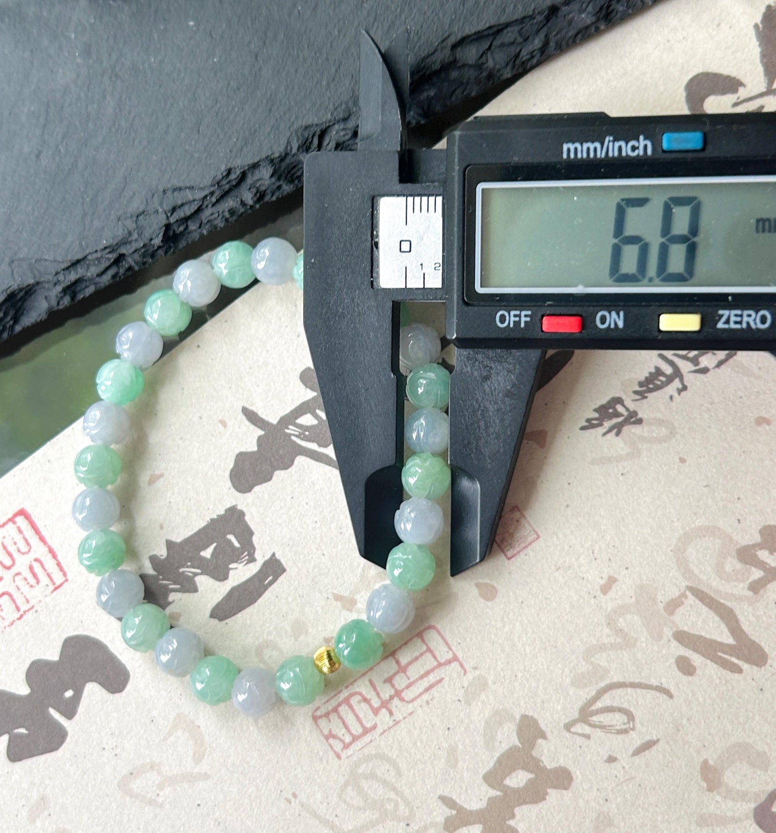 Natural Jadeite Beaded Bracelet Burmese Type A Translucent Icy Apple Green & Pale Lavender Jade Rounded Lotus Beads 6.8mm