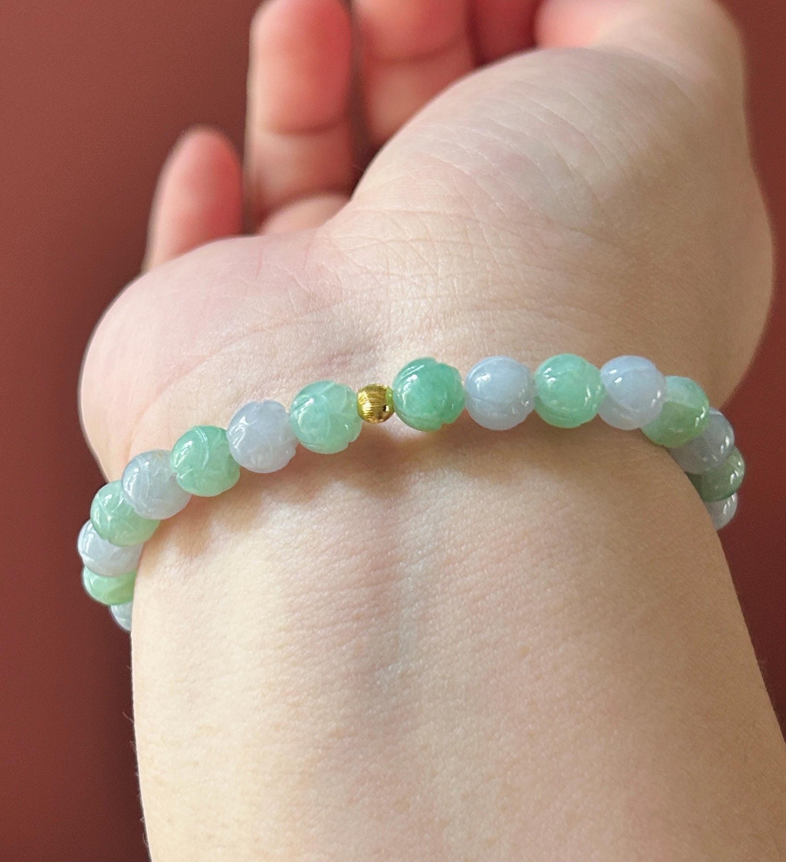 Natural Jadeite Beaded Bracelet Burmese Type A Translucent Icy Apple Green & Pale Lavender Jade Rounded Lotus Beads 6.8mm