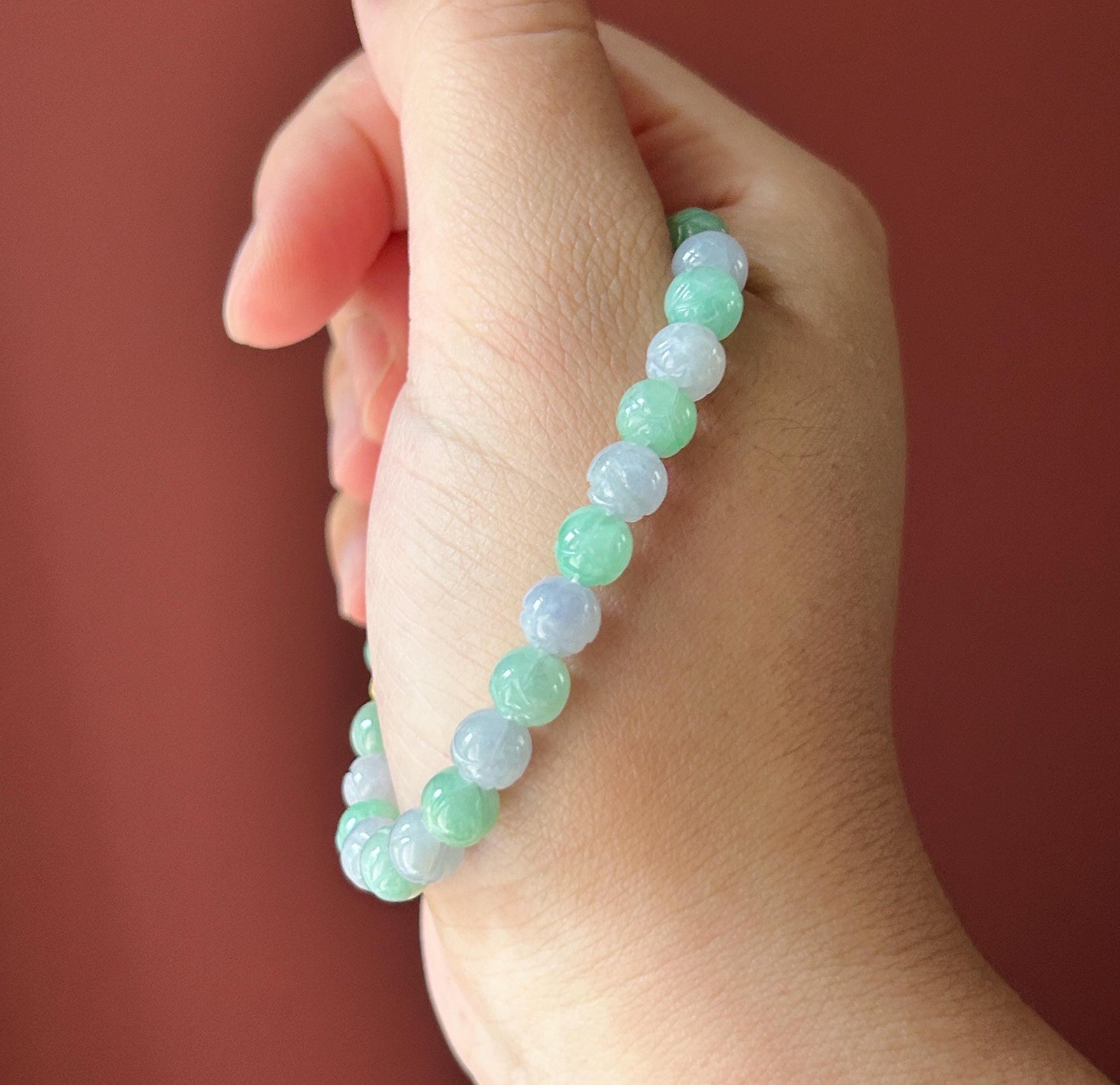 Natural Jadeite Beaded Bracelet Burmese Type A Translucent Icy Apple Green & Pale Lavender Jade Rounded Lotus Beads 6.8mm