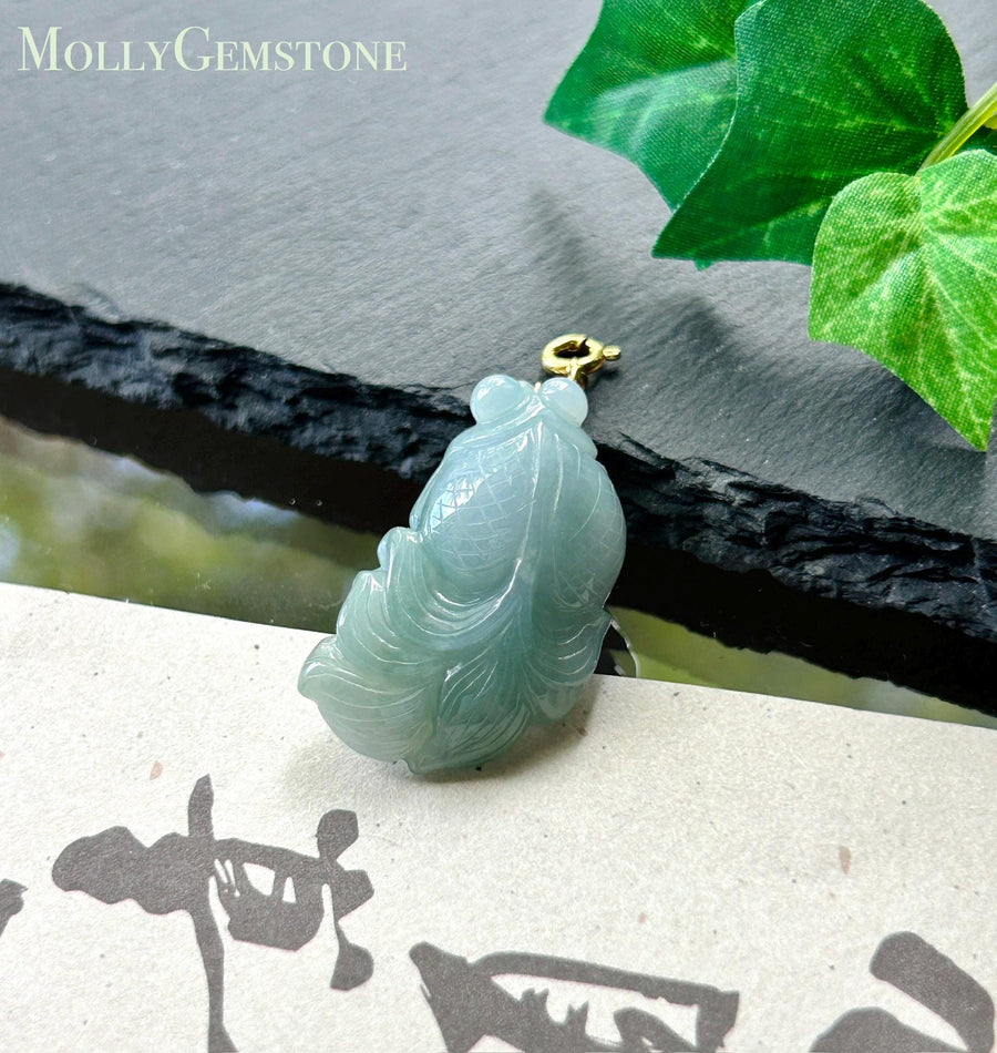 Natural Jadeite Goldfish Pendant | Burmese Type A Fine Glutinous Icy Misty Blue Jade | Protection Amulet