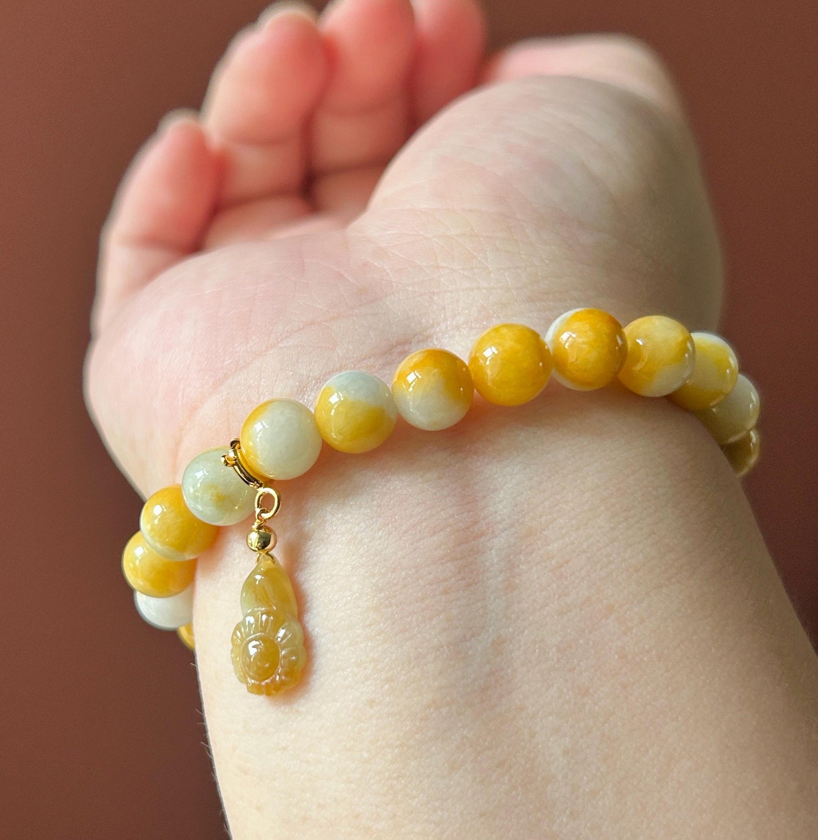 Natural Jadeite Beaded Bracelet Burmese Type A Fine Glutinous Icy Yellow & White Dual-Color Jade 8mm | Slightly Heated