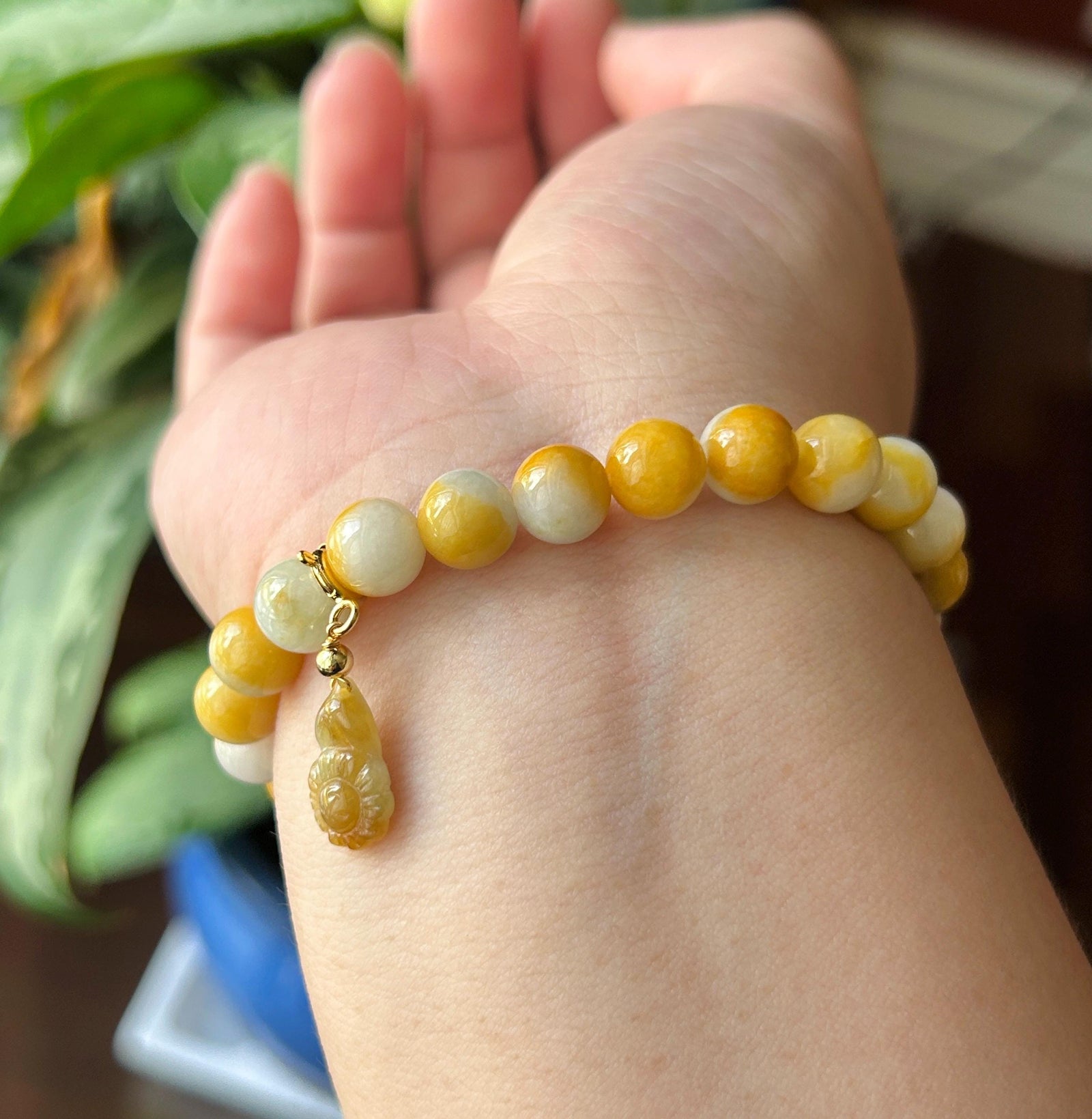Natural Jadeite Beaded Bracelet Burmese Type A Fine Glutinous Icy Yellow & White Dual-Color Jade 8mm | Slightly Heated