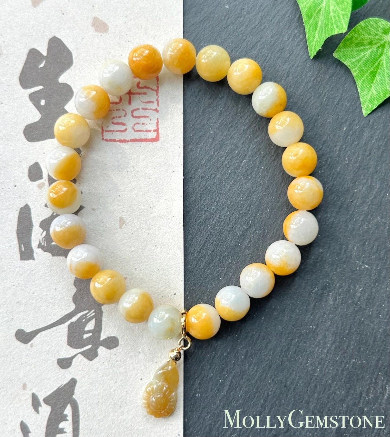 Natural Jadeite Beaded Bracelet Burmese Type A Fine Glutinous Icy Yellow & White Dual-Color Jade 8mm | Slightly Heated