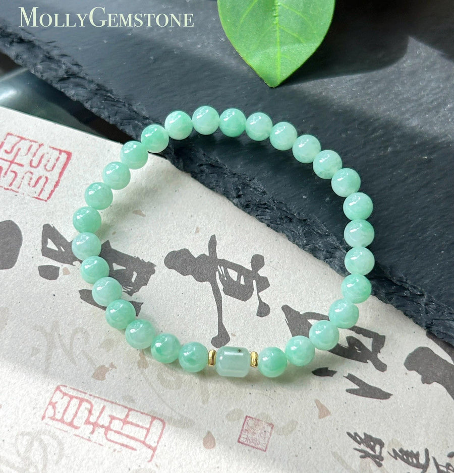 Natural Jadeite Beaded Bracelet – Burmese Type A Fine Glutinous Icy Apple Green Jade, 6mm, Minimalist Jewelry