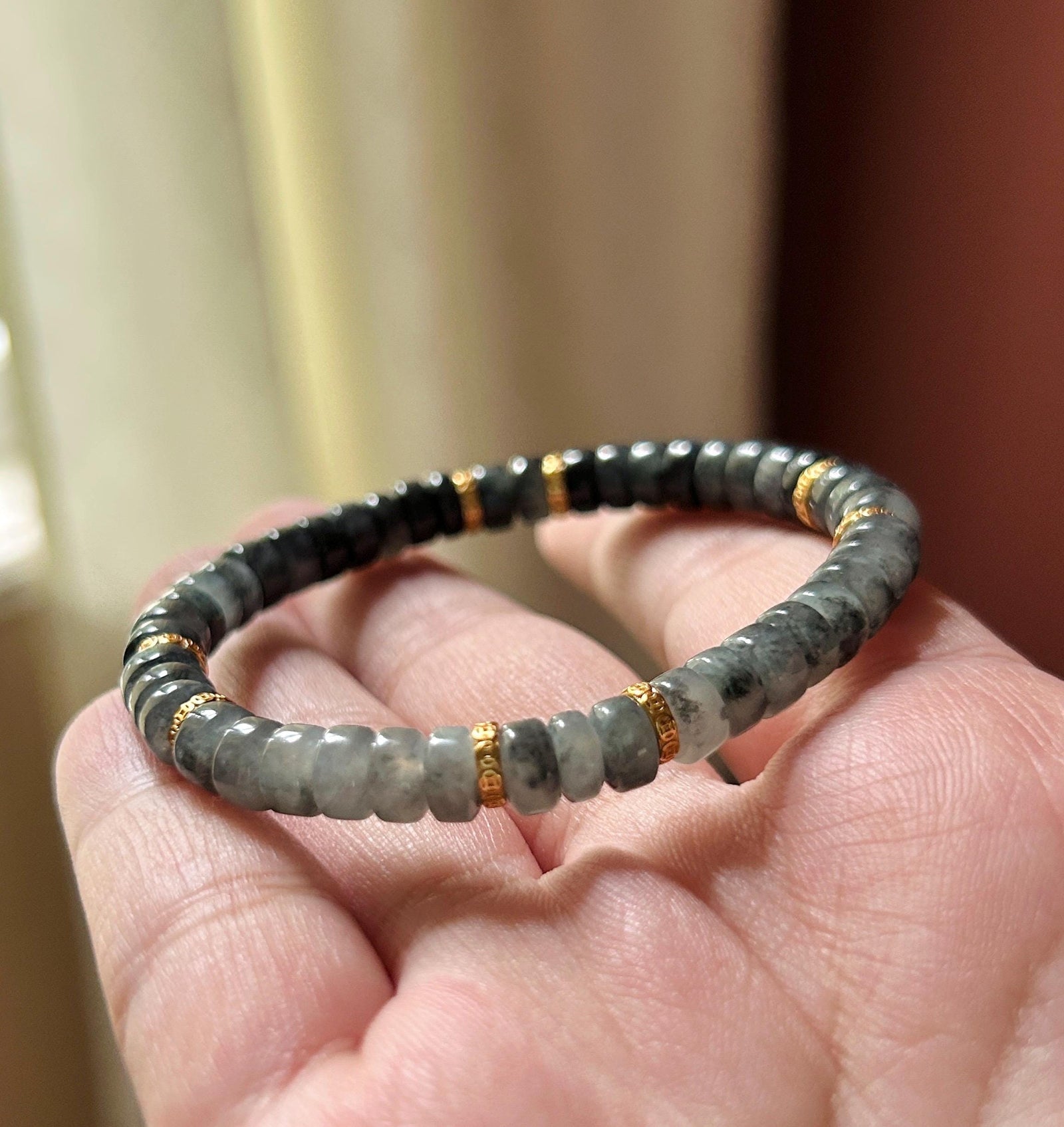 Natural Jadeite Beaded Bracelet | Burmese Type A Translucent Icy Wuji Black & Misty Gray Gradient Jade | 7.4mm