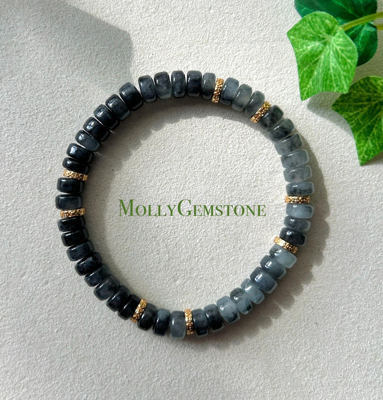 Natural Jadeite Beaded Bracelet | Burmese Type A Translucent Icy Wuji Black & Misty Gray Gradient Jade | 7.4mm