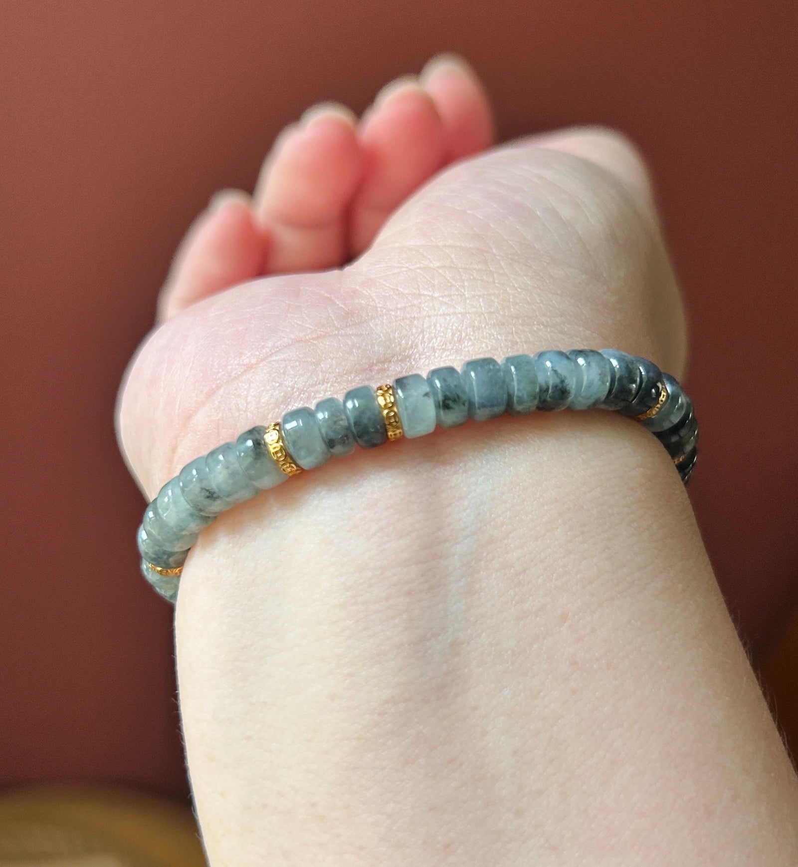 Natural Jadeite Beaded Bracelet | Burmese Type A Translucent Icy Wuji Black & Misty Gray Gradient Jade | 7.4mm