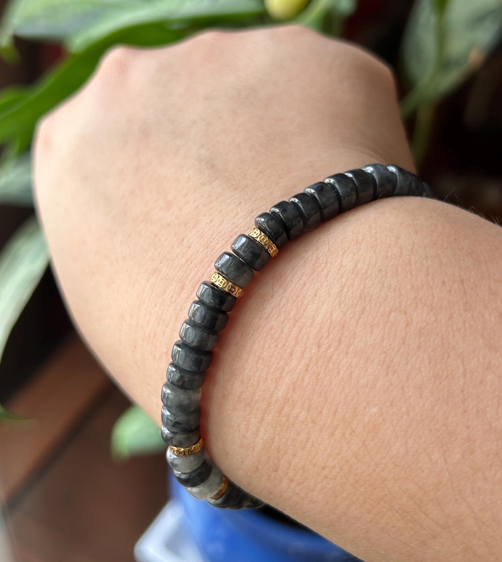 Natural Jadeite Beaded Bracelet | Burmese Type A Translucent Icy Wuji Black & Misty Gray Gradient Jade | 7.4mm