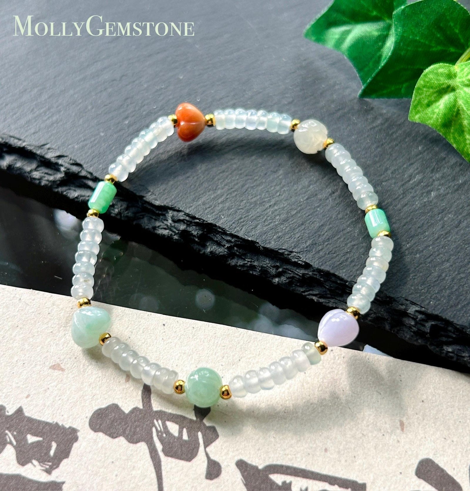 Natural Jadeite Beaded Bracelet Burmese Type A Highly Translucent Icy White Abacus Jade Beads & Multicolor Charms 4-8mm