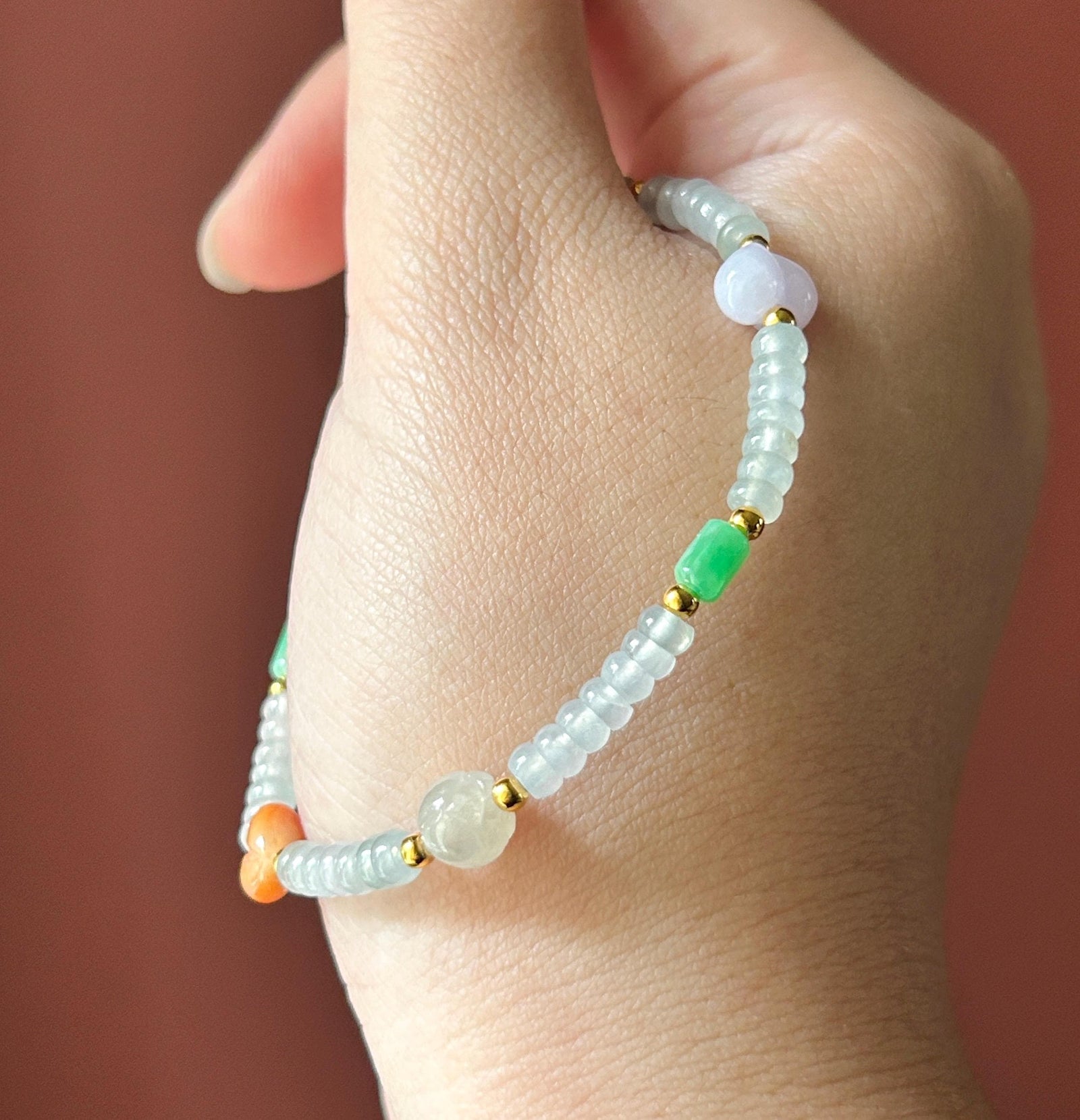 Natural Jadeite Beaded Bracelet Burmese Type A Highly Translucent Icy White Abacus Jade Beads & Multicolor Charms 4-8mm