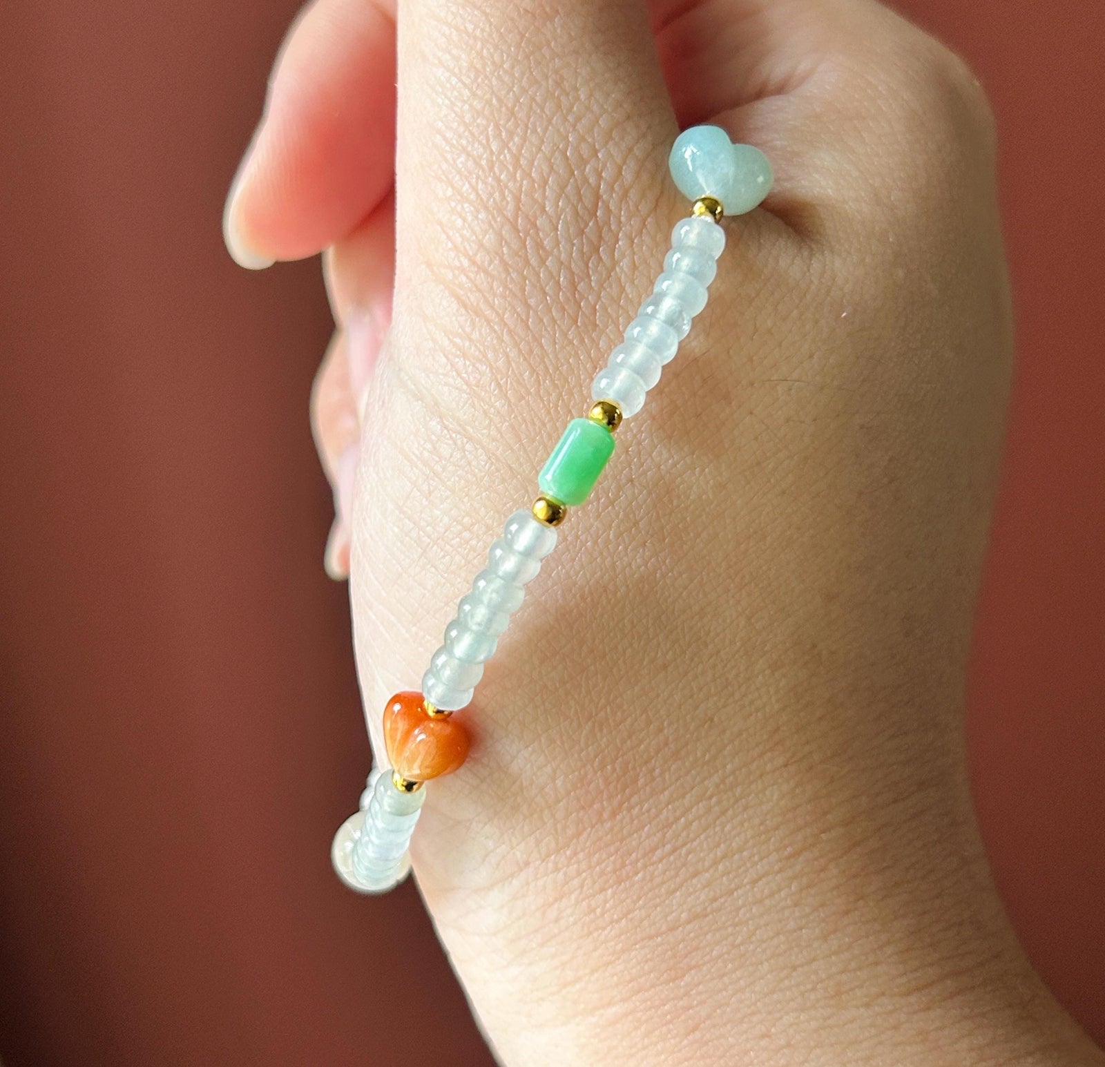 Natural Jadeite Beaded Bracelet Burmese Type A Highly Translucent Icy White Abacus Jade Beads & Multicolor Charms 4-8mm