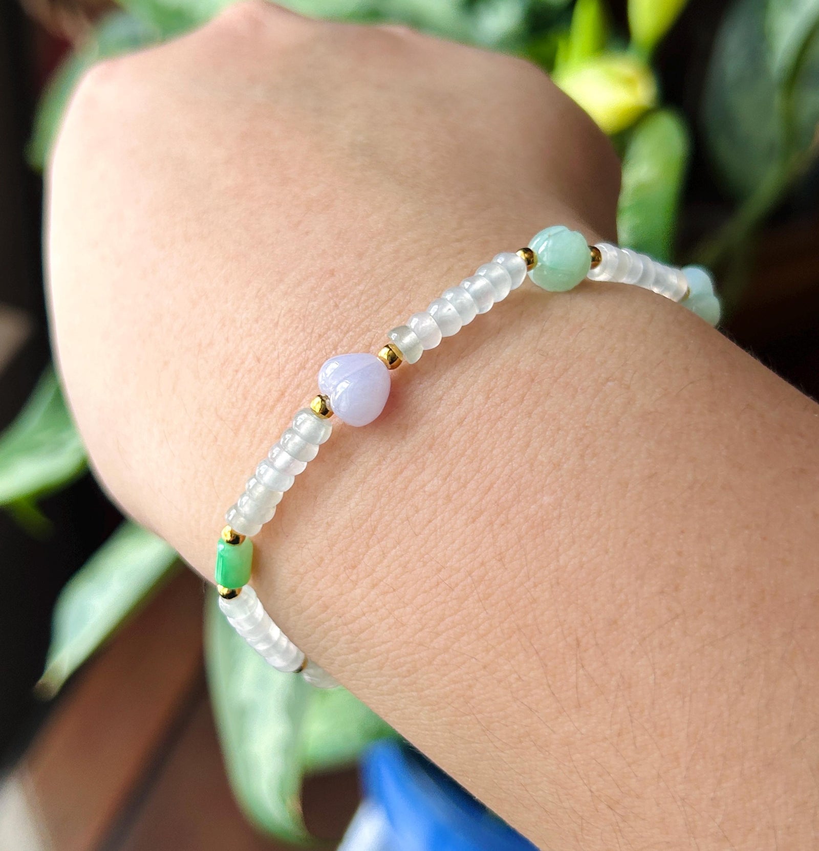 Natural Jadeite Beaded Bracelet Burmese Type A Highly Translucent Icy White Abacus Jade Beads & Multicolor Charms 4-8mm