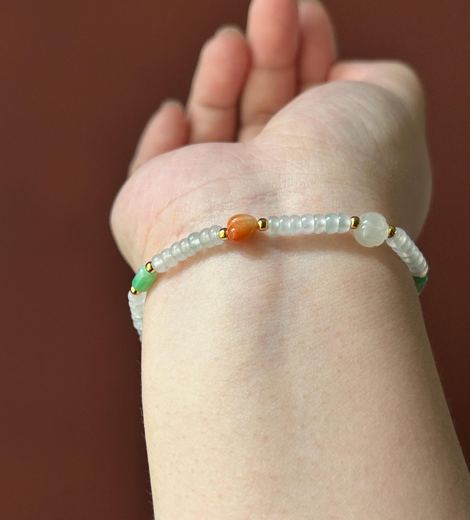 Natural Jadeite Beaded Bracelet Burmese Type A Highly Translucent Icy White Abacus Jade Beads & Multicolor Charms 4-8mm