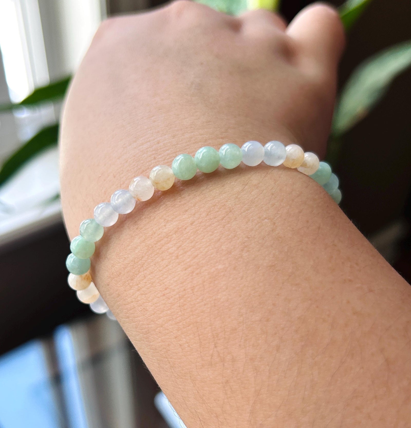 Natural Jadeite Beaded Bracelet | Burmese Type A Icy Translucent Rainbow Multicolor Jade 5.4mm