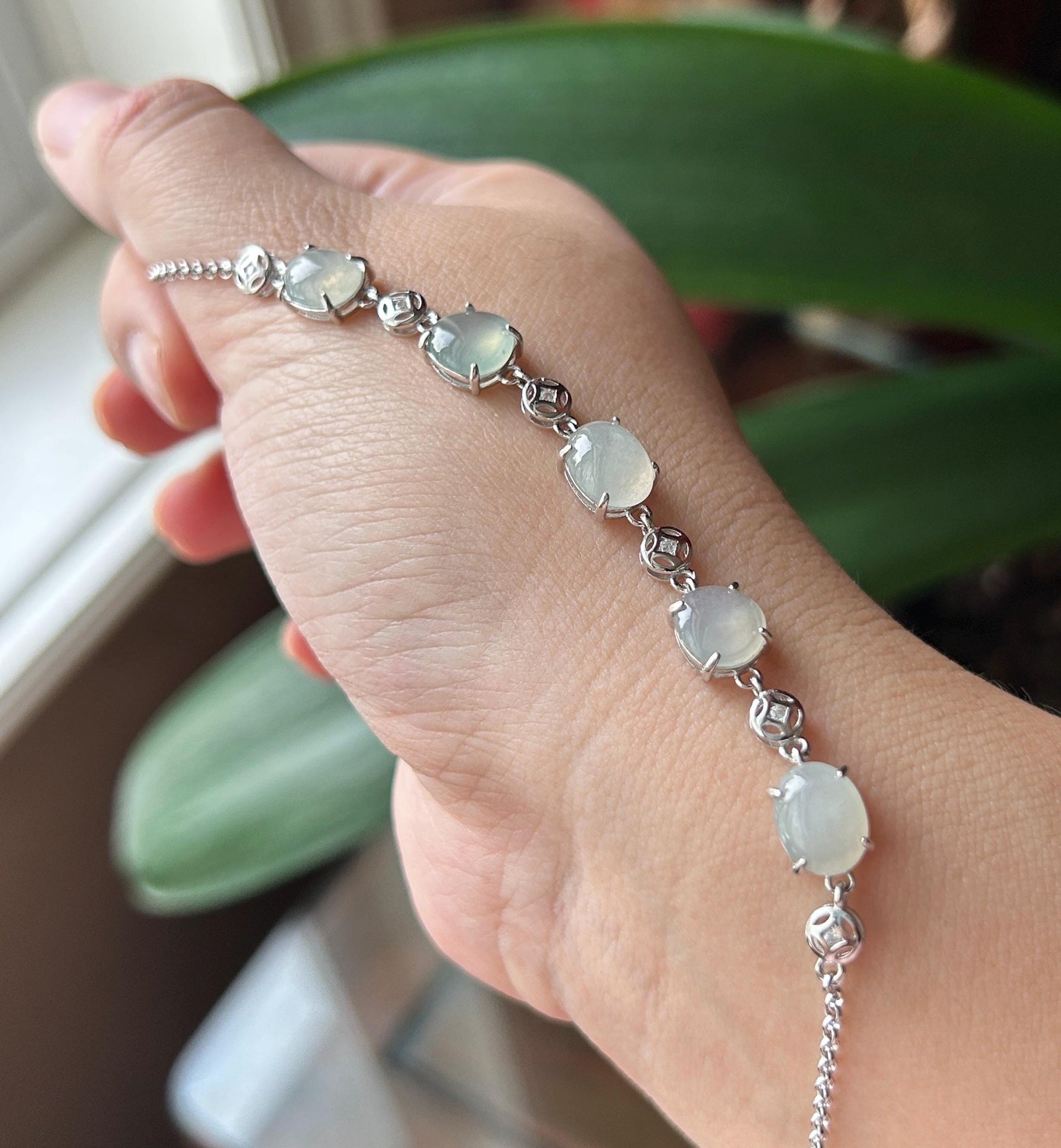 Natural Jadeite Cabochon Bracelet, Burmese Type A Translucent Icy White Jade in 925 Sterling Silver, Adjustable Length