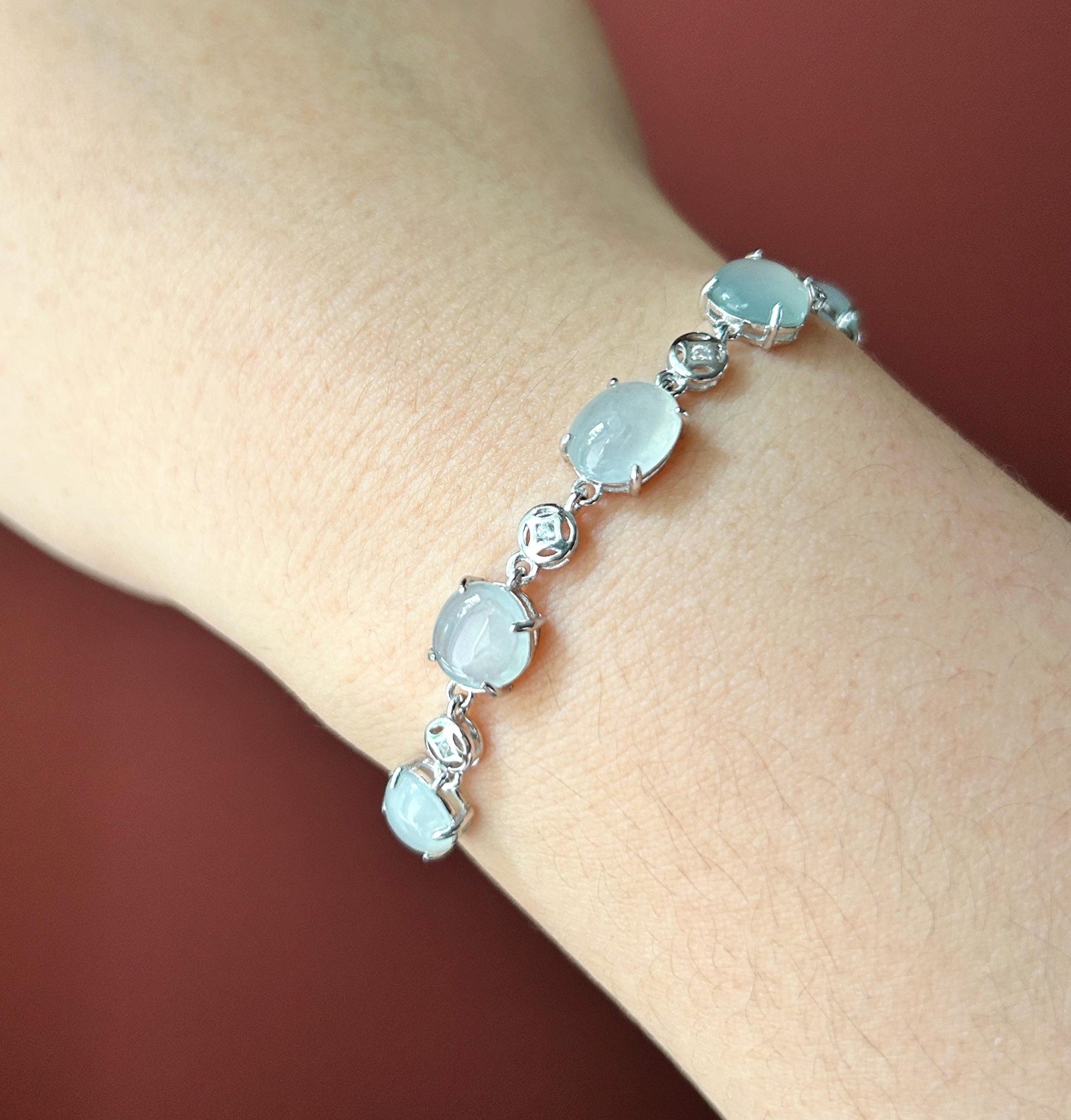 Natural Jadeite Cabochon Bracelet, Burmese Type A Translucent Icy White Jade in 925 Sterling Silver, Adjustable Length