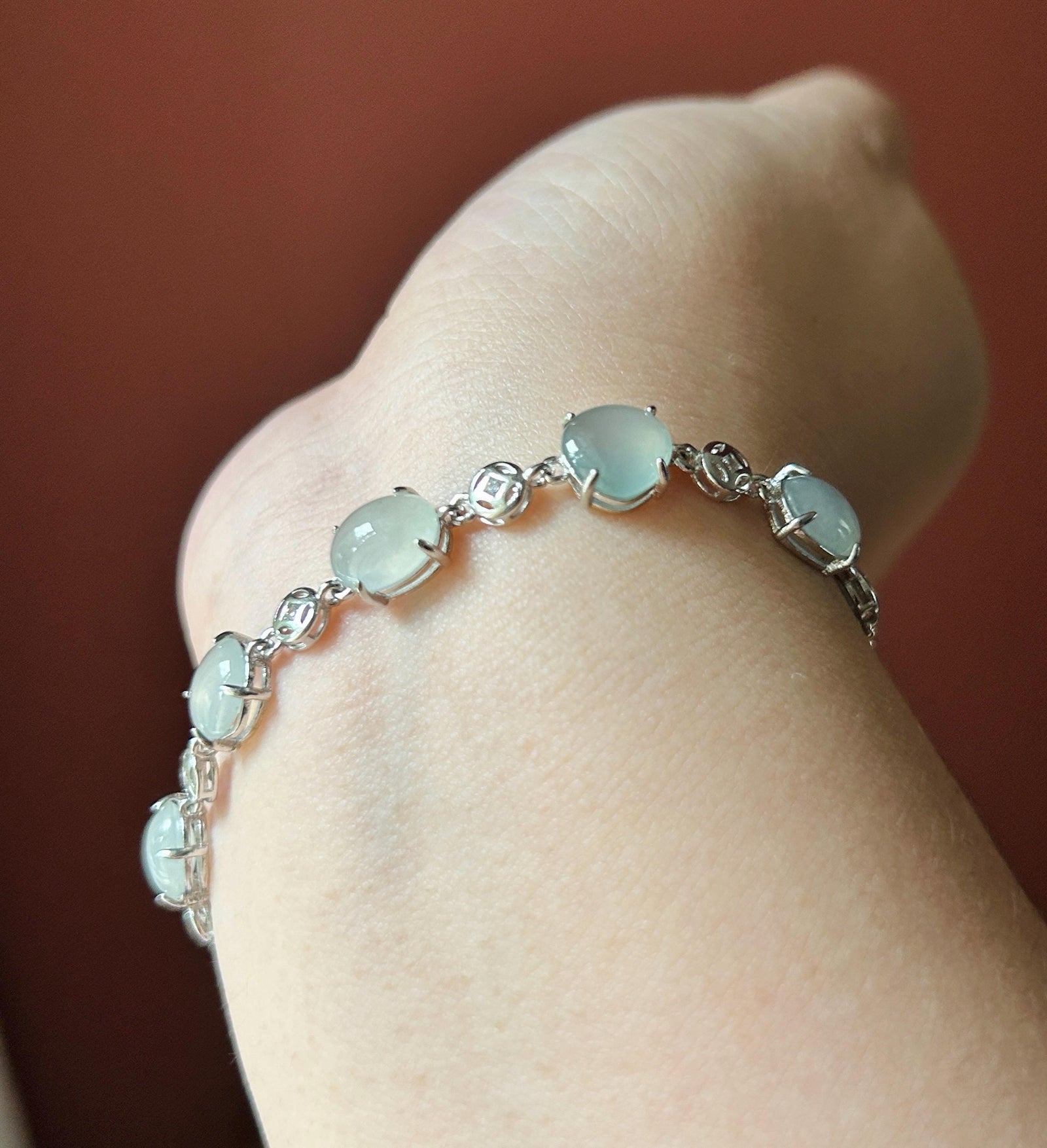 Natural Jadeite Cabochon Bracelet, Burmese Type A Translucent Icy White Jade in 925 Sterling Silver, Adjustable Length