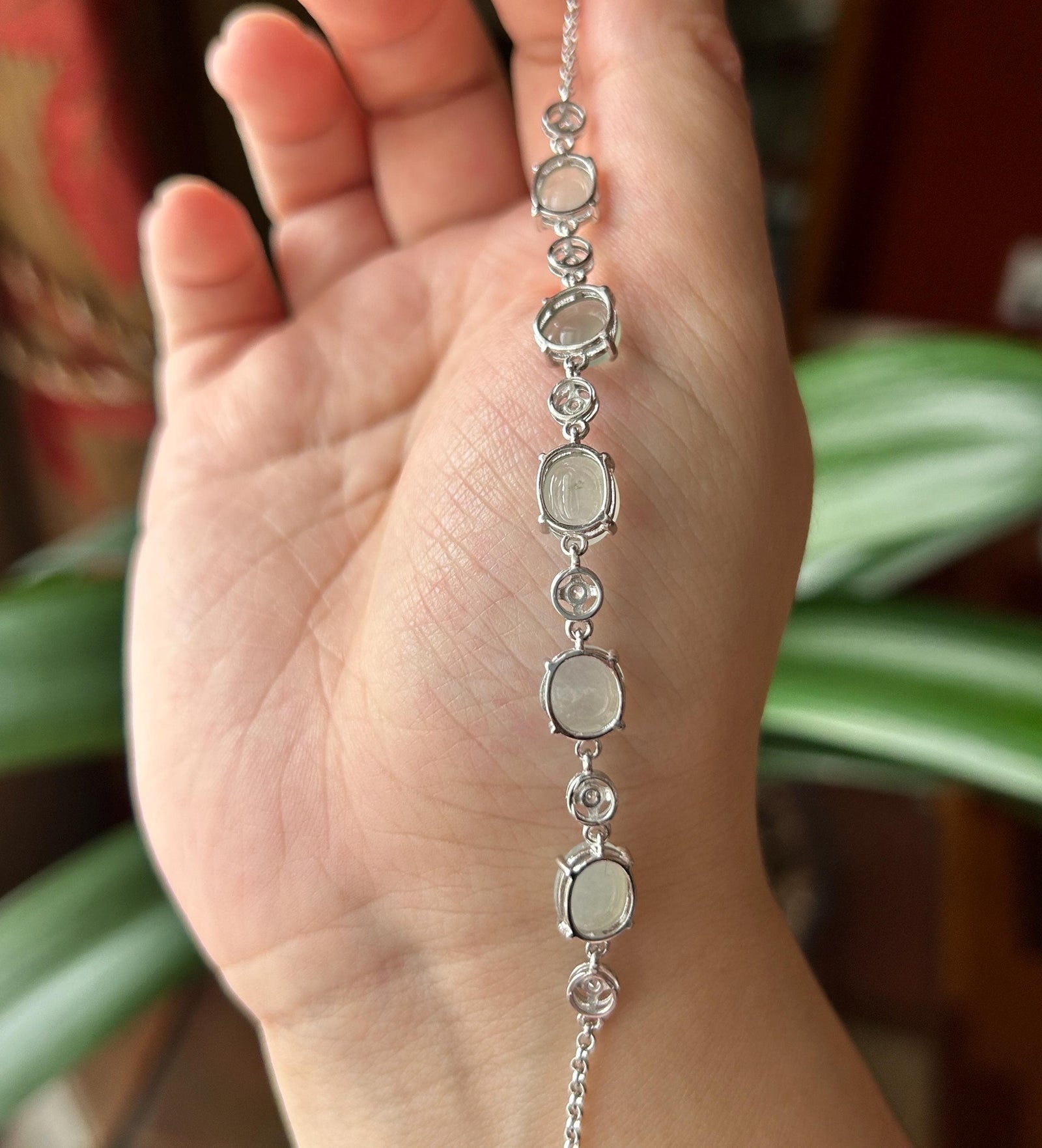 Natural Jadeite Cabochon Bracelet, Burmese Type A Translucent Icy White Jade in 925 Sterling Silver, Adjustable Length